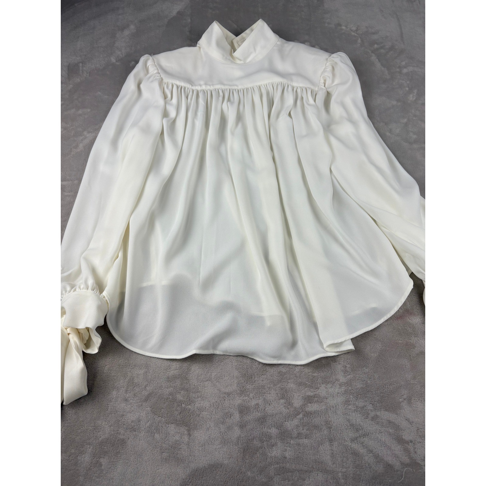 H&M Edition Cream White High Neck Puff Sleeve Tie Cuff Blouse Top Large NWT