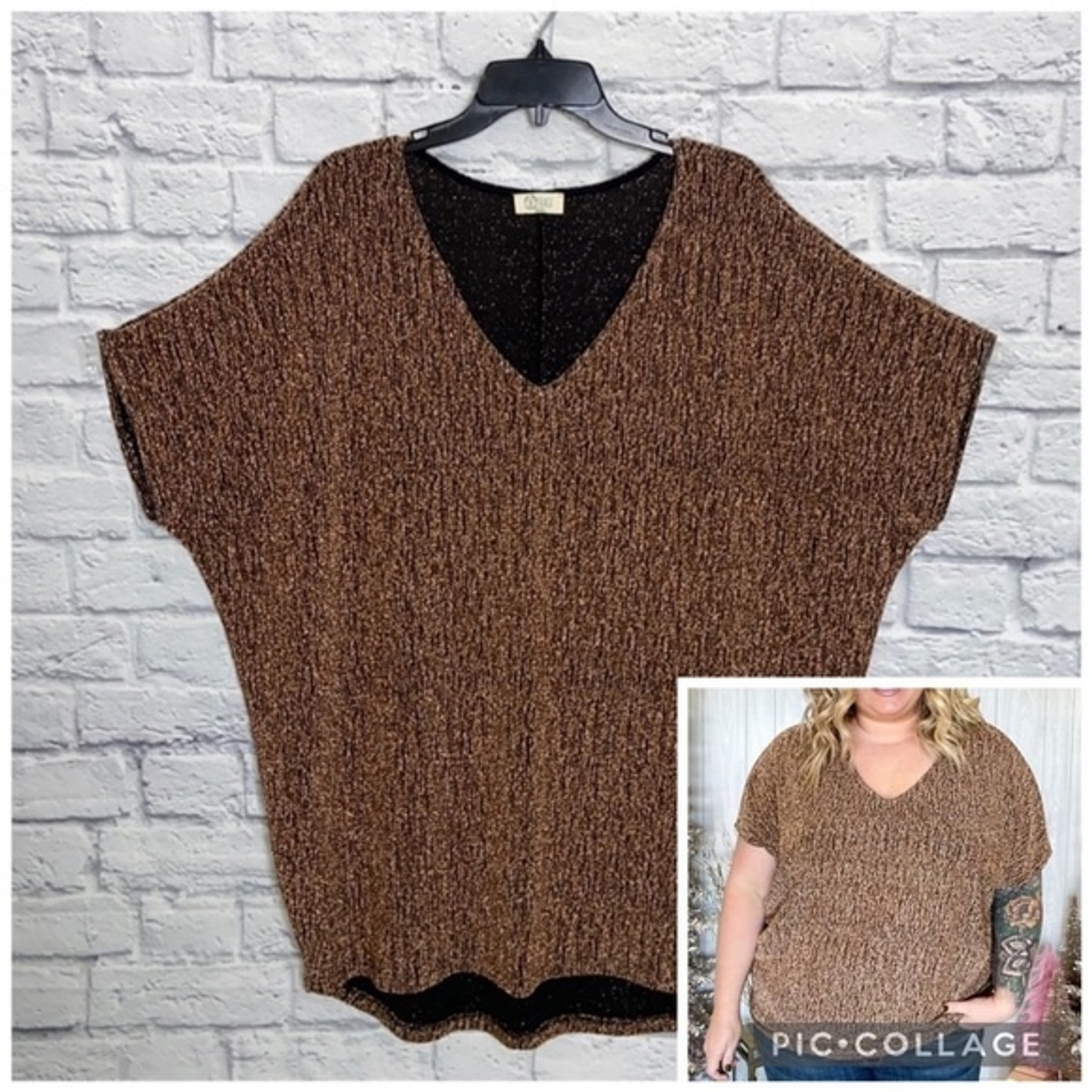 Be Stage Metallic Gold Dolman Sleeve V-Neck Blouse size 1X