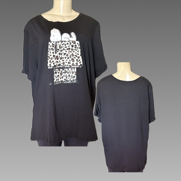 Peanuts 1X Black Snoopy Leopard Print Doghouse Graphic T-Shirt 100% Cotton Crew