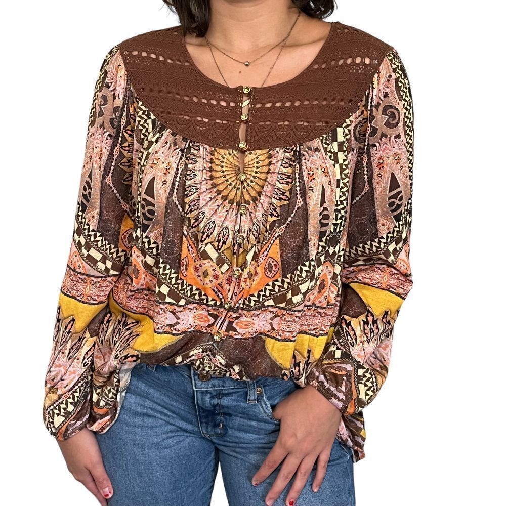 V Cristina Women’s Crochet Lace Paisley Print Tunic Top Blouse Embellished Sz S