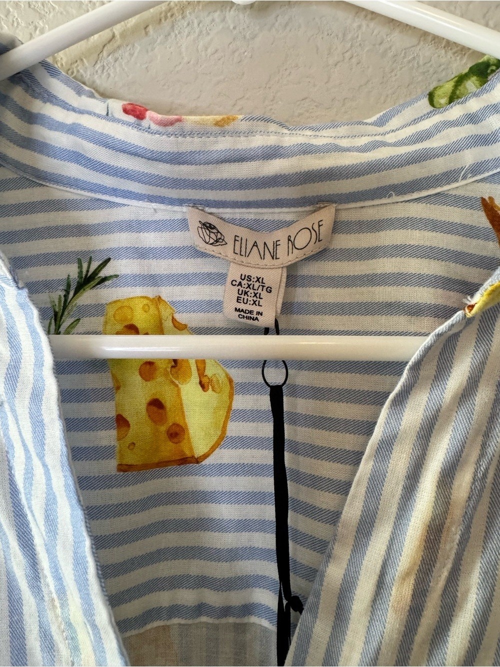 Eliane Rose Novelty Brunch/Food Print Cotton Button Down Shirt Blue Stripe XL