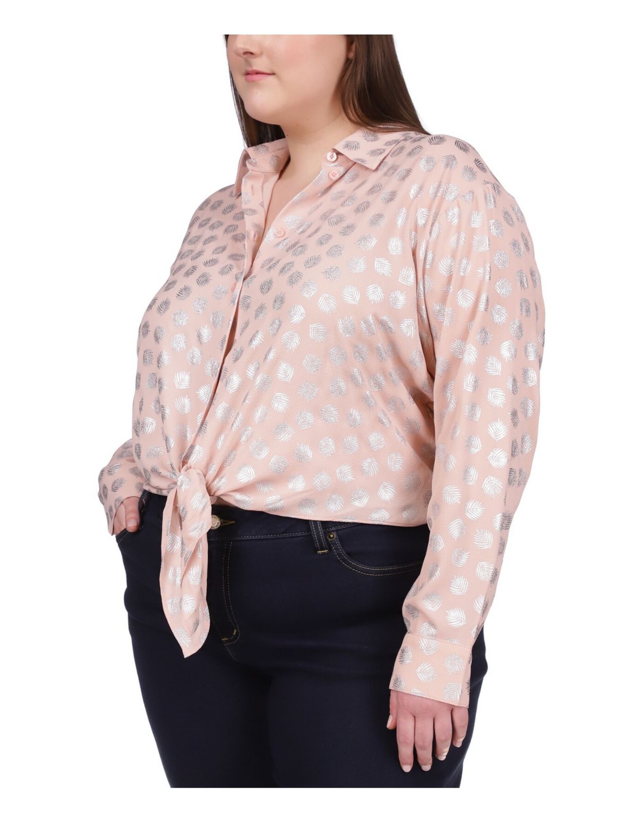 MICHAEL KORS Womens Top Button Up Pink Long Sleeve Tie Front Hem Plus 2X