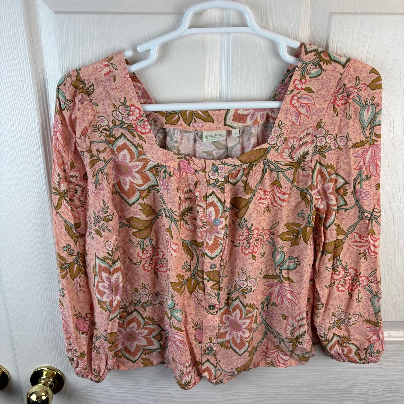 Spartina 449 Floral Peasant Top Button Front Pink Small Boho Women’s Square Neck