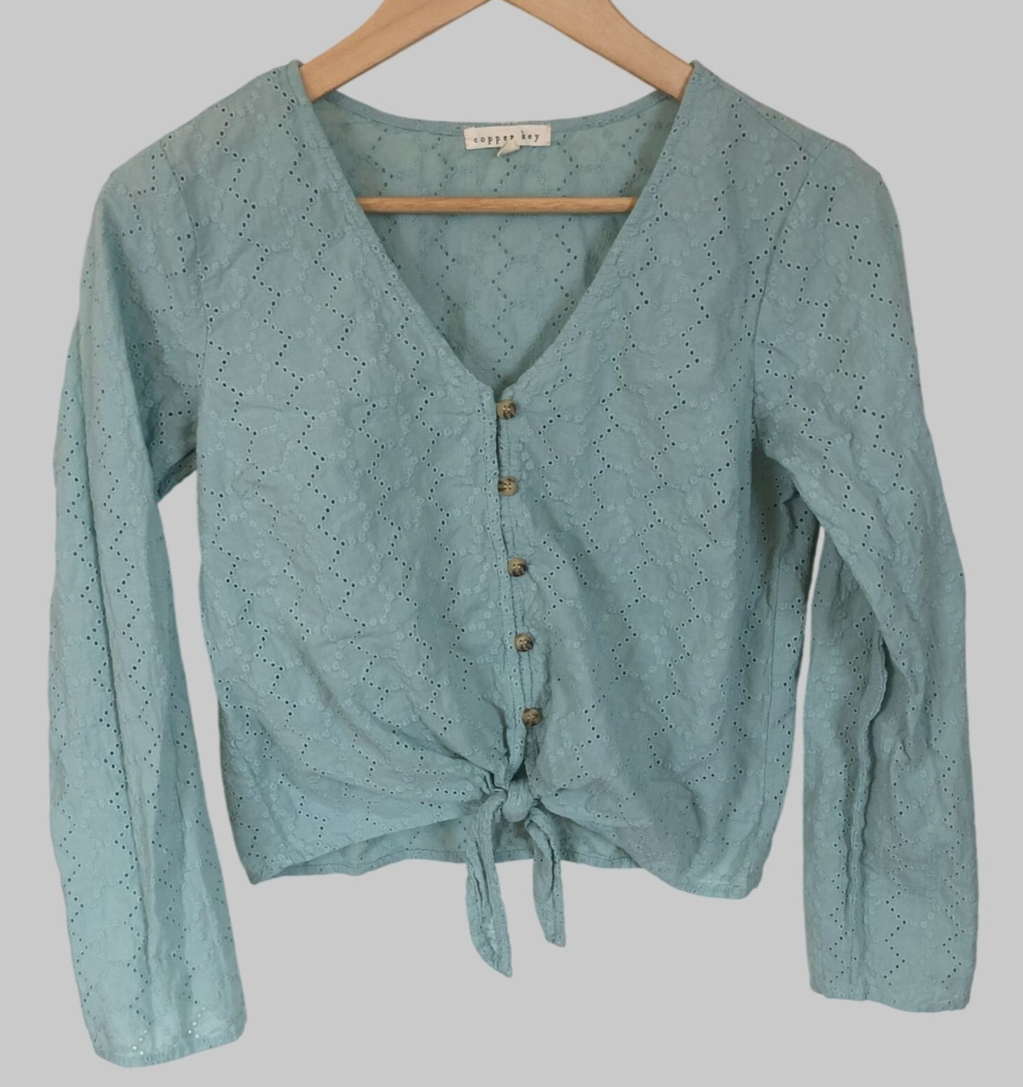 Copper Key Eyelet Tie-Front Blouse Womens M Button-up Boho Beachy Hippie Cottage