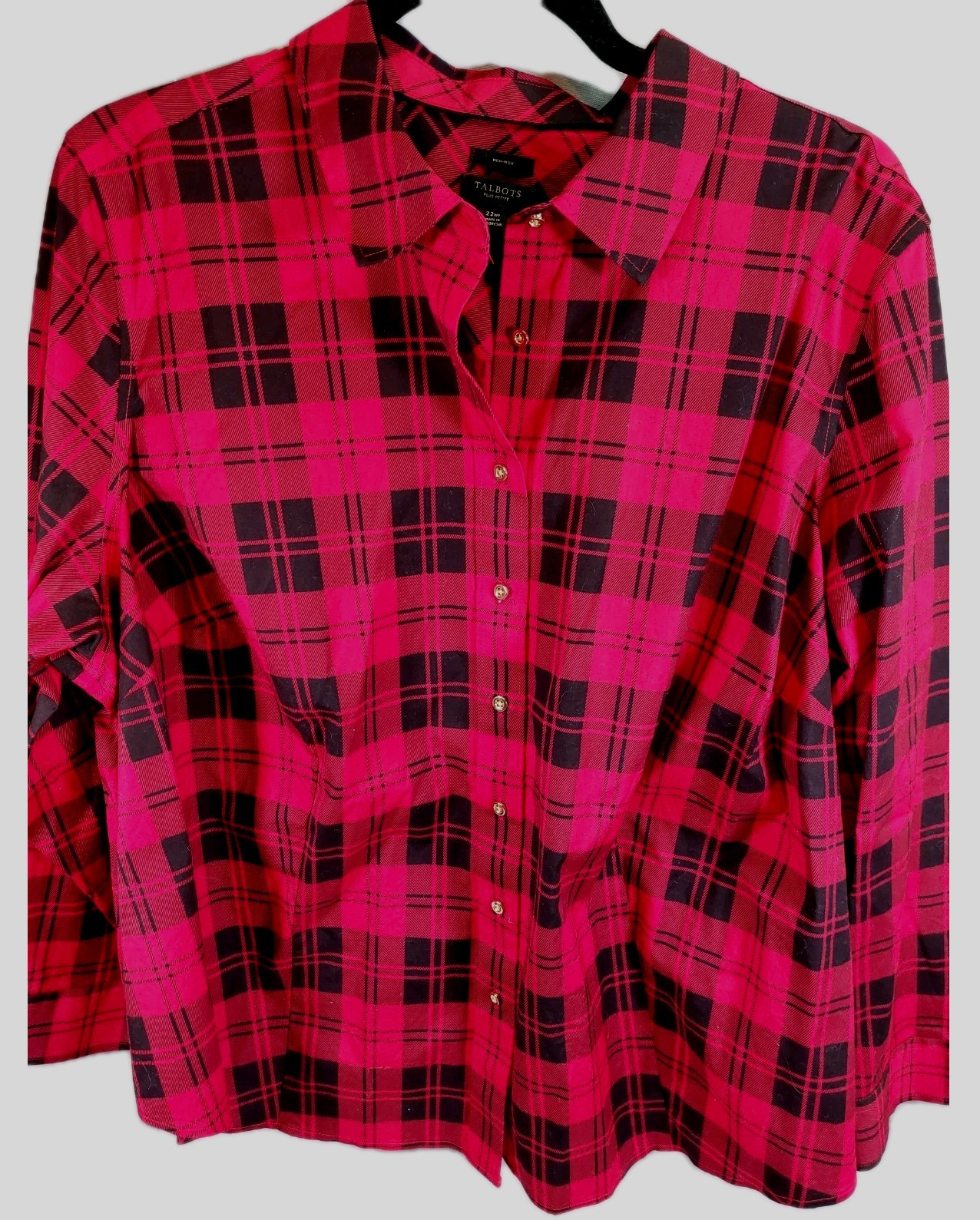 Talbots 22WP Red & Black Plaid Button Up Top Gold Buttons Collared Cotton Blend