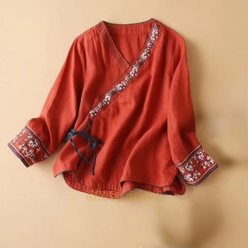 Lady Top Chinese Shirt Blouse Floral Hanfu Embroidery Floral Casual Ethnic Retro