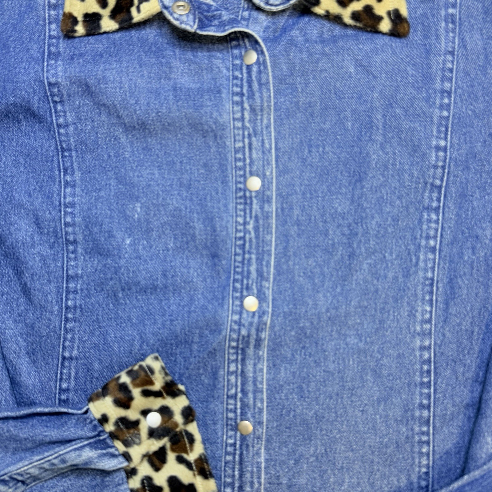 Y2K Denim Snap Button Shirt Leopard Print Collar Western Cowgirl Jacket Top L