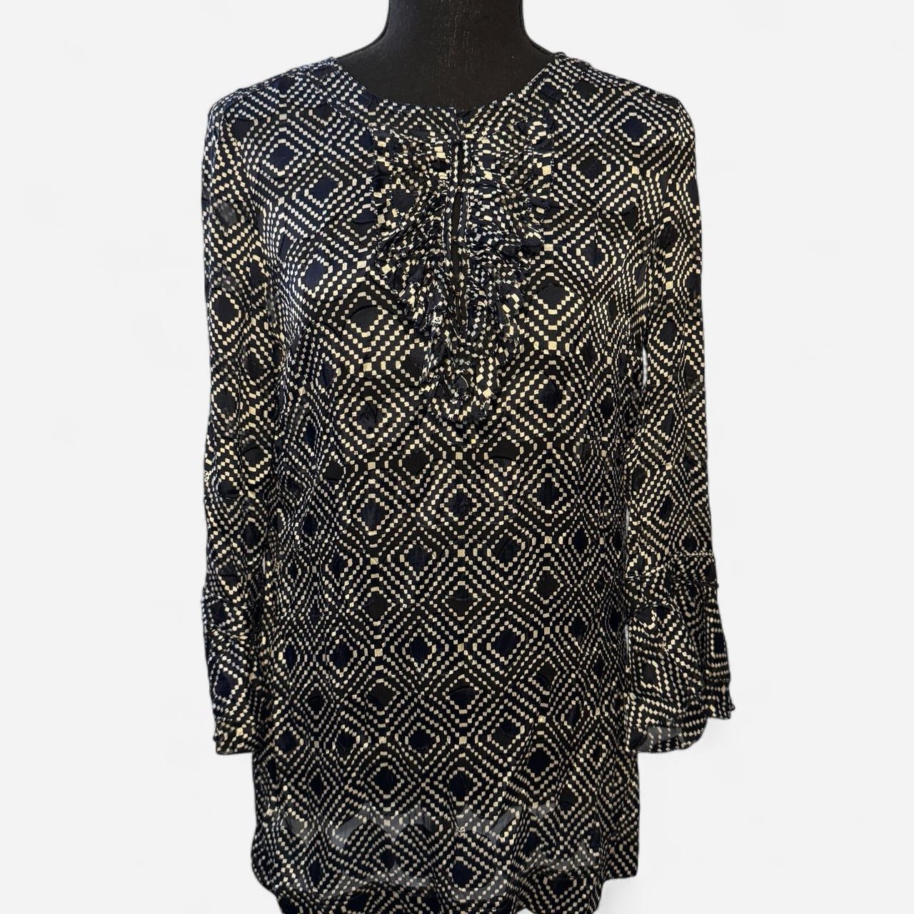 Tory Burch Navy White Geometric Ruffle Sleeve Tunic Blouse Rayon Silk Size 4