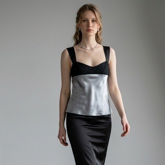 Enduring Kairos Atelier Silver Black Satin Lace Camisole Tie Back Top Small