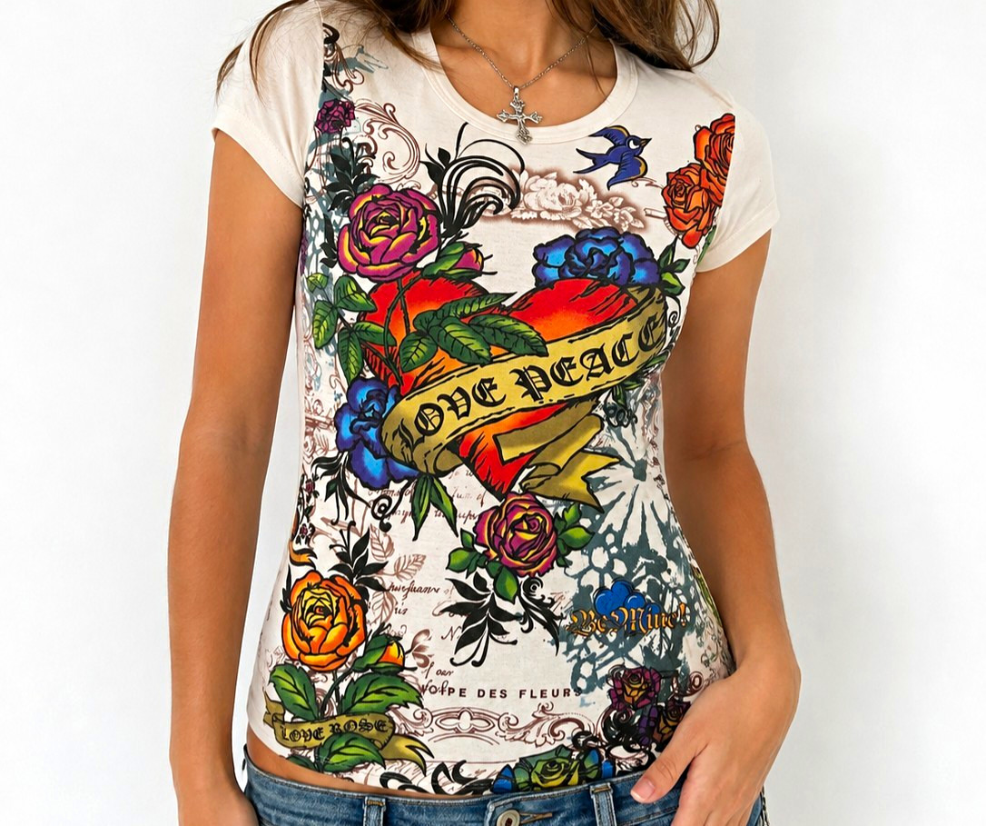Charlotte Russe Womens M Y2K Tattoo Graphic Tee Ed Hardy Style Roses Heart