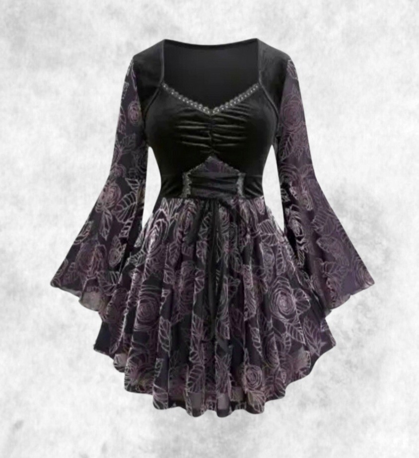 New Black & Pink Gothic Velvet Corset Flared Sleeve Blouse Top size M 14 16 18