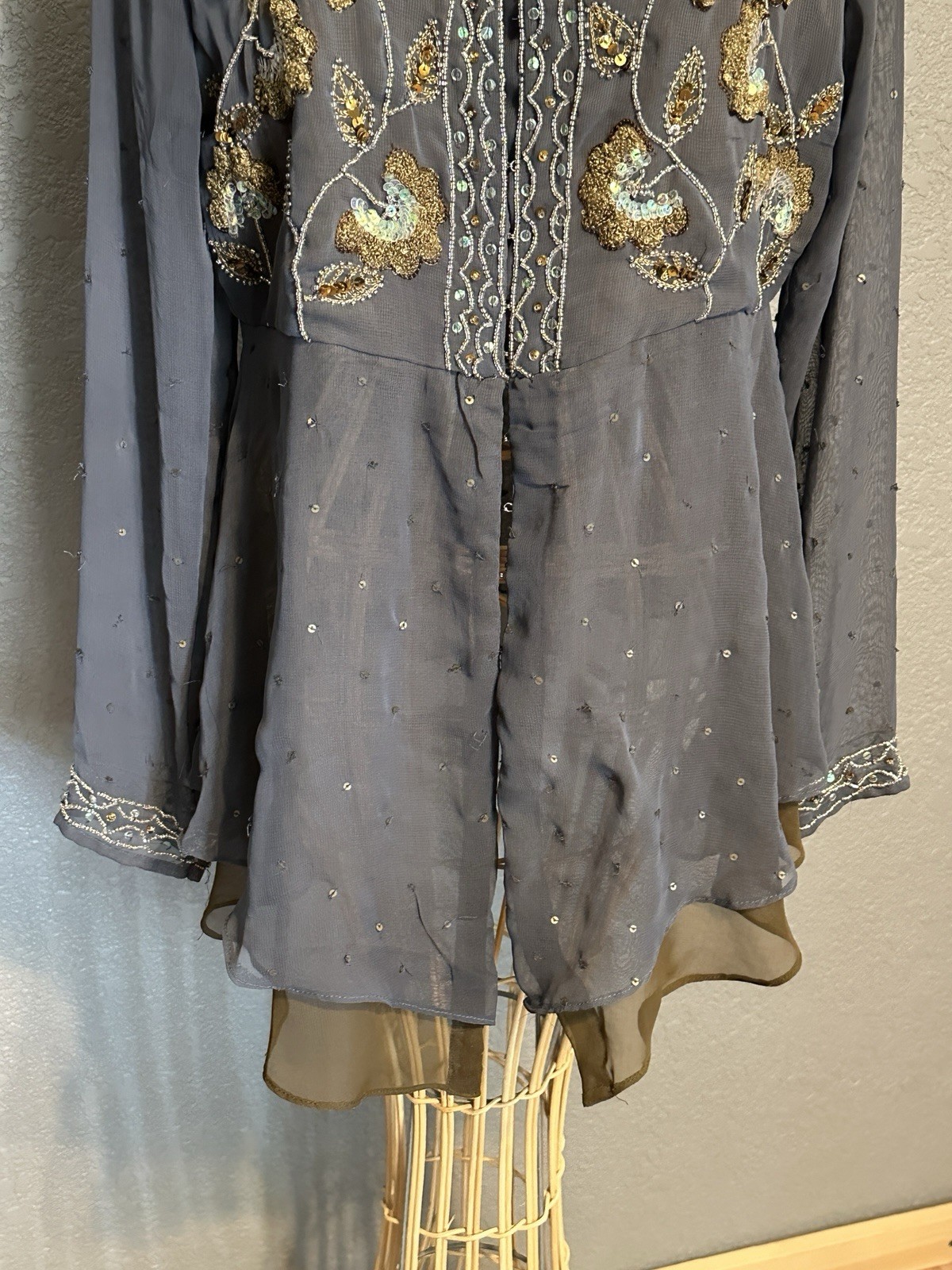 Soft Surroundings Gray Chiffon S Blouse Sequins Dark Fairy Core Whimsigoth