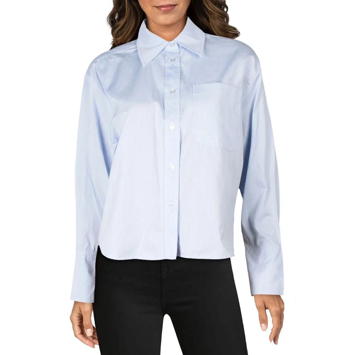 Parker Women’s Long Sleeves Back Pocket mini Striped Button Up Shirt Sky Blue L
