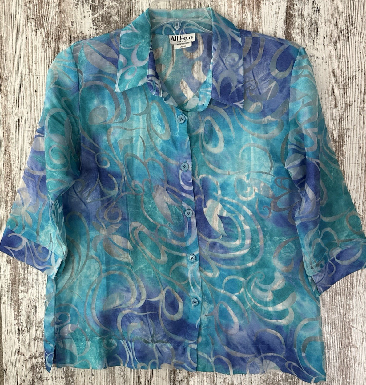 ALL HOURS Womens Size L Turquoise/Blue Scroll Semi-Sheer Button Front Blouse USA