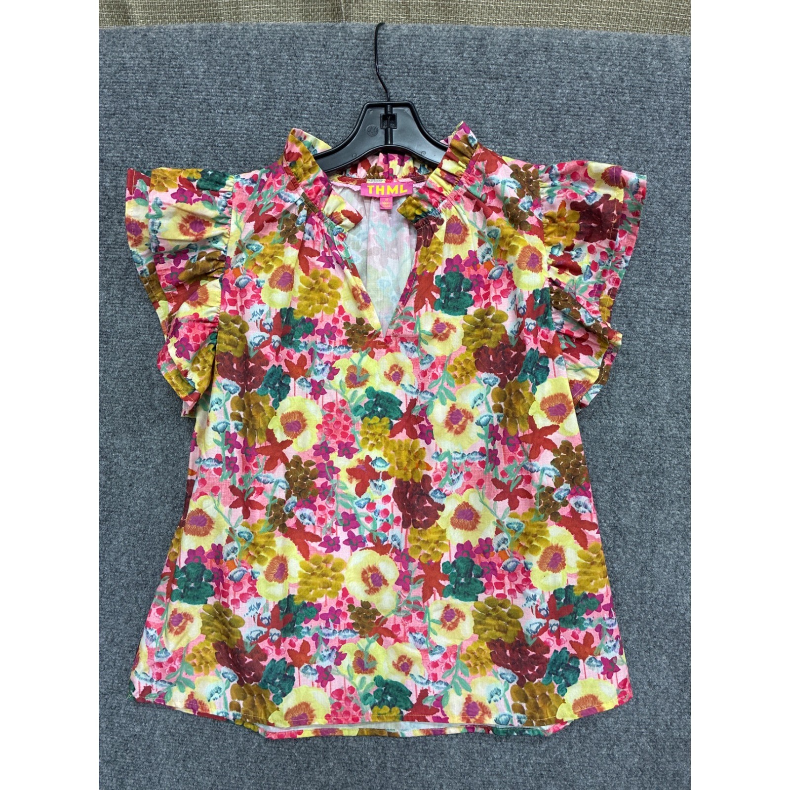 THML Floral Ruffle Flutter Sleeve Blouse Pink Yellow Green WCT2297-1-CR Mens M