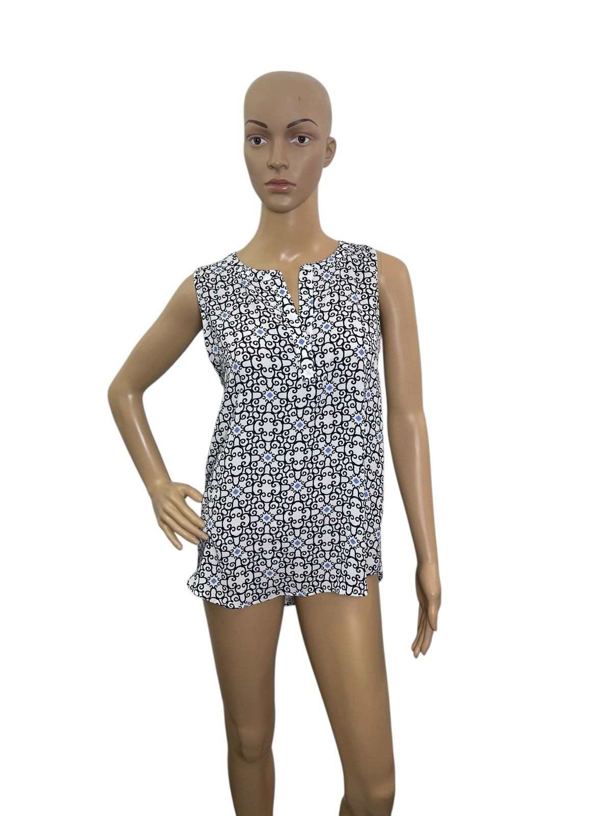 Loft Women’s Size Small Sleeveless V Neck Knit Woven Blouse White Black Blue