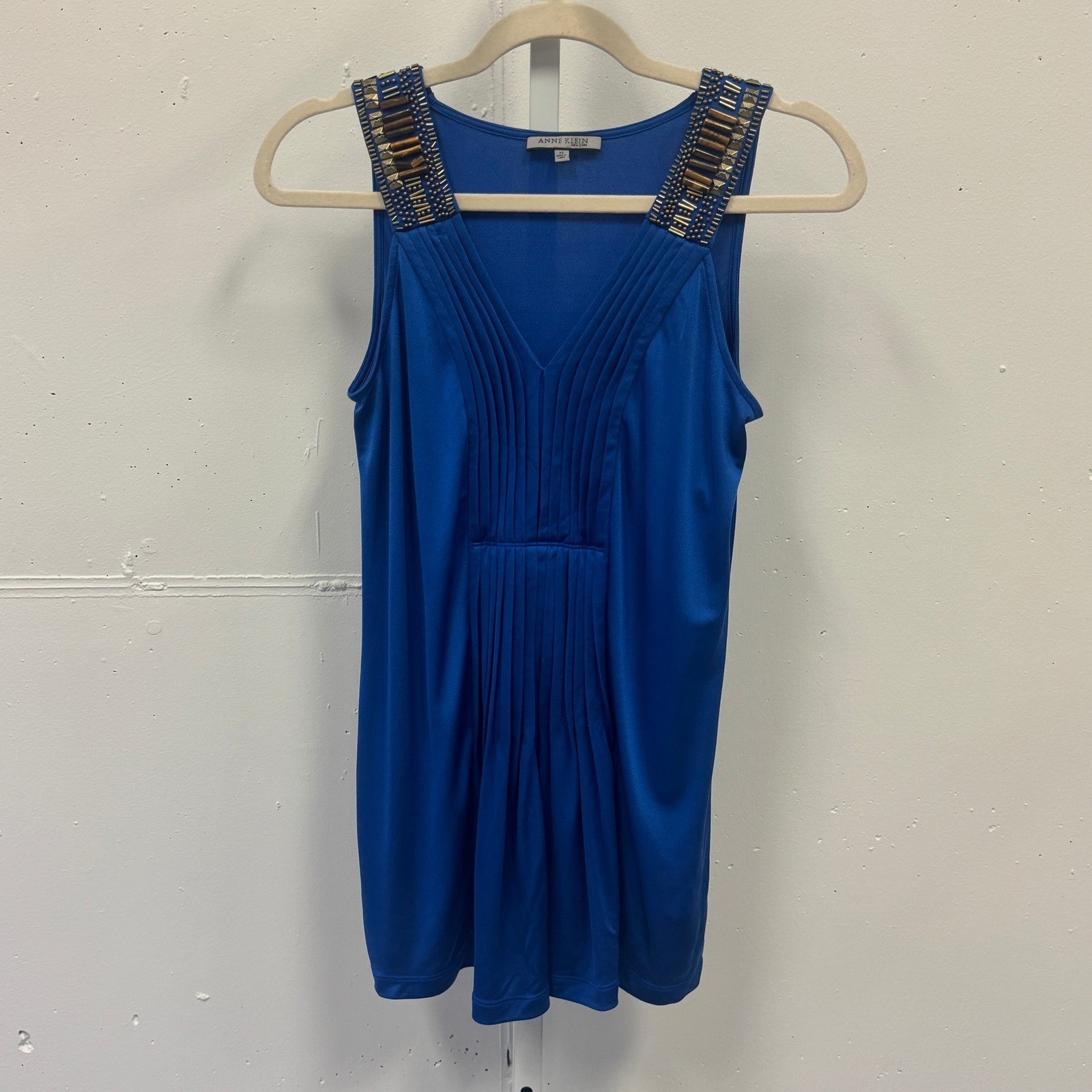 NWT Y2K Anne Klein Lapis Blue Silk Blend Beaded Pleated Tank Top Boho Festival