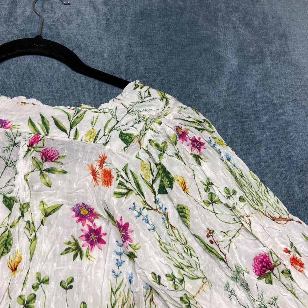 Rachel Zoe Blouse Top Women Medium White Floral Puff Sleeves Casual Button Front