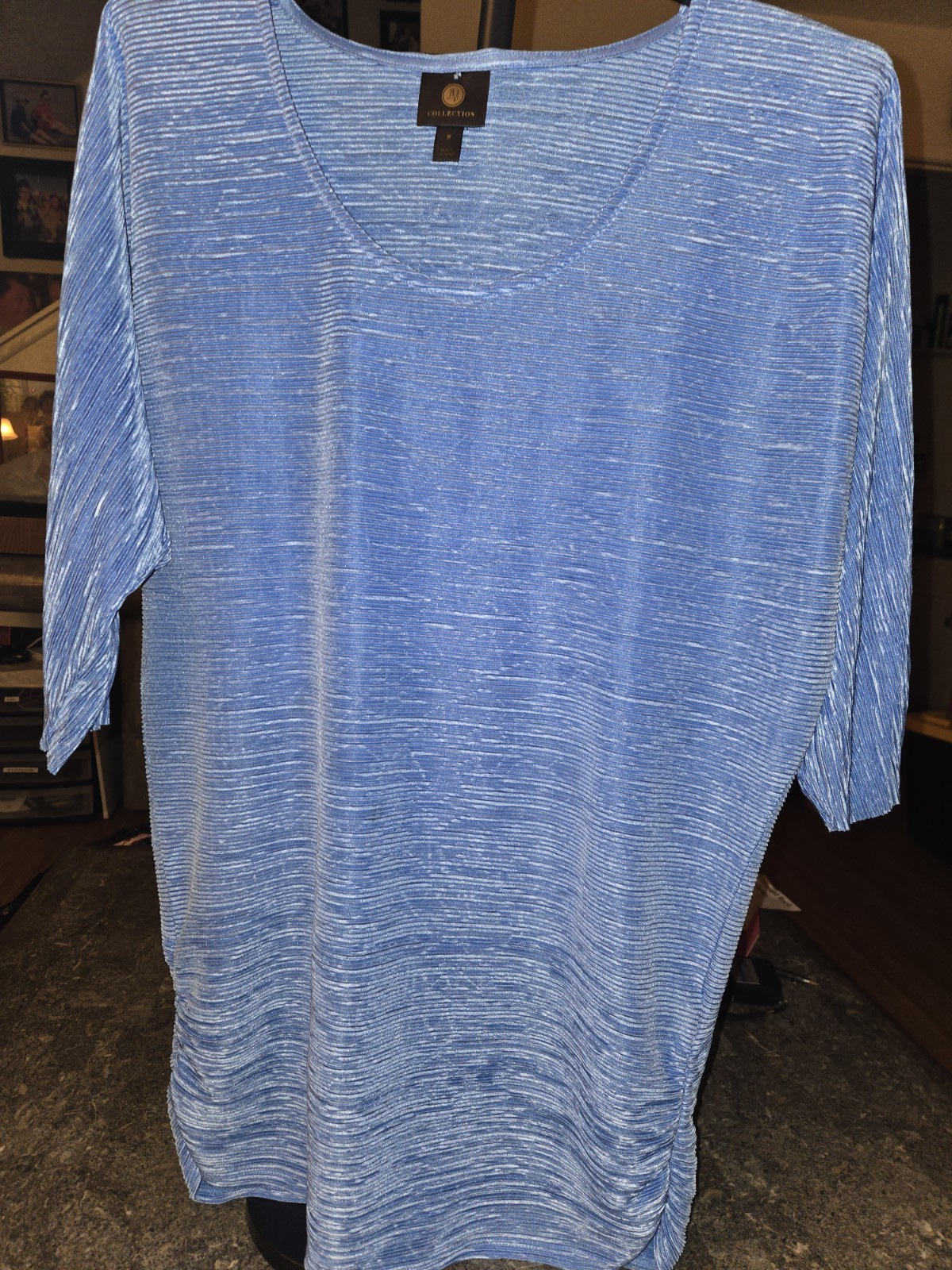 JM Collection M Blue Solid Polyester Knit Pleated Scoop Neck 3/4 Sleeve Tunic