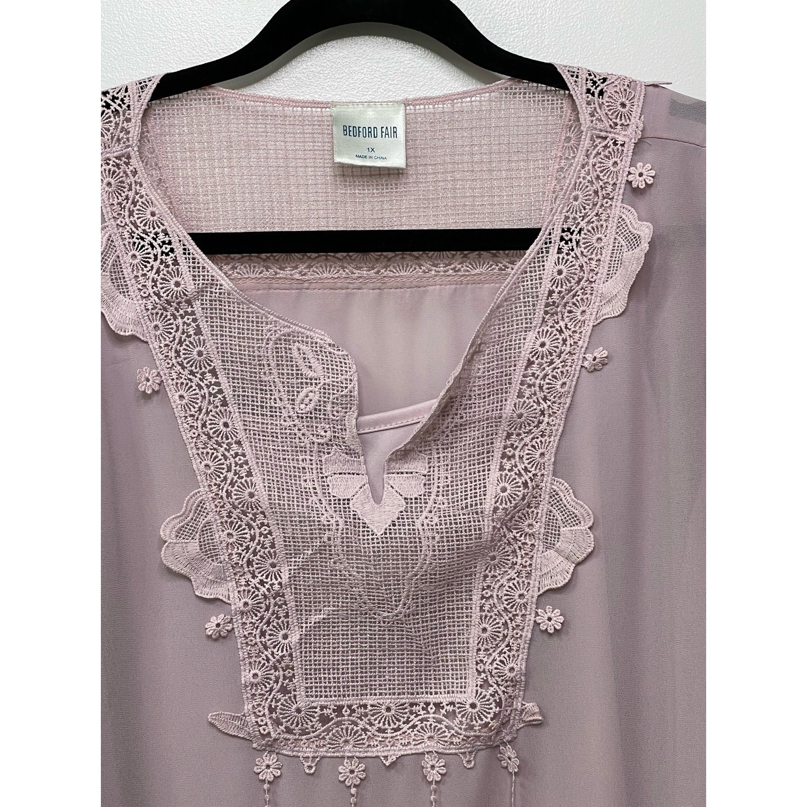 Bedford Fair Mauve Crochet Lace Ruffle Sleeve Blouse Camisole 1X Boho Rose 2 pc