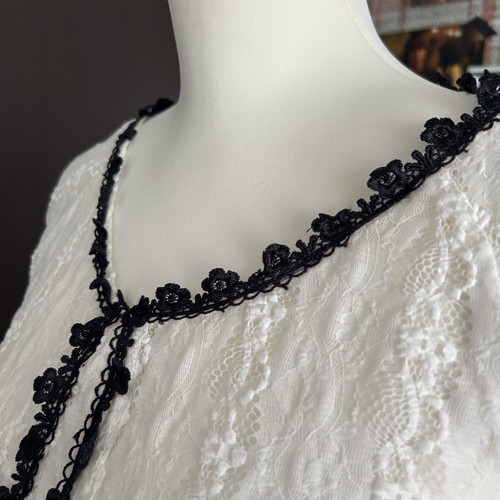 Vintage Style Lace Blouse White with Black Trim Ribbon Gothic Aesthetic Chic