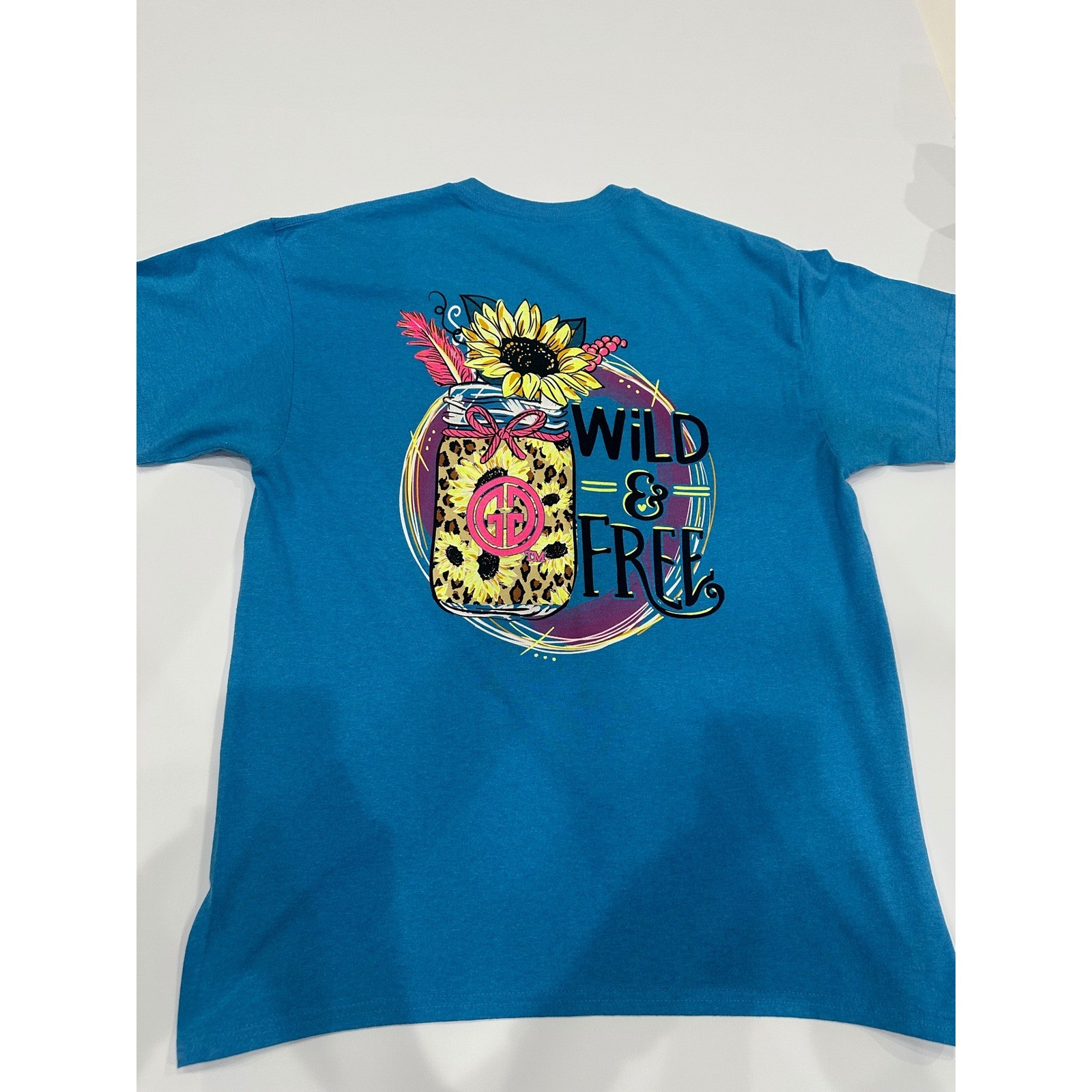 Girlie Girl Originals Wild & Free Sunflower Mason Jar Blue T-Shirt Large
