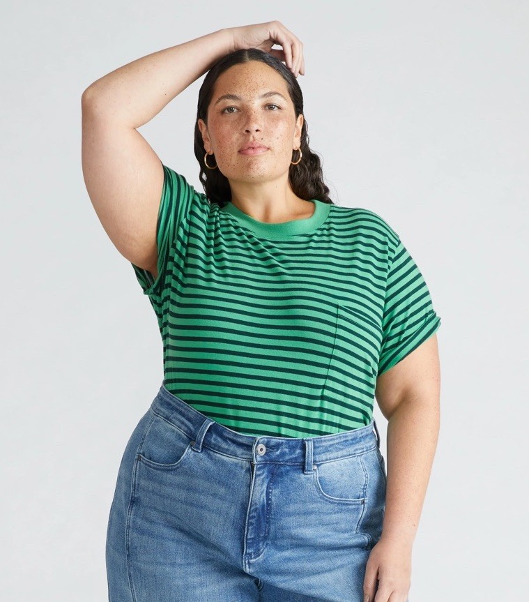 Universal Standard Breton Stripe Garçon Tee Spearmint Forest Green , Sz L 22 24