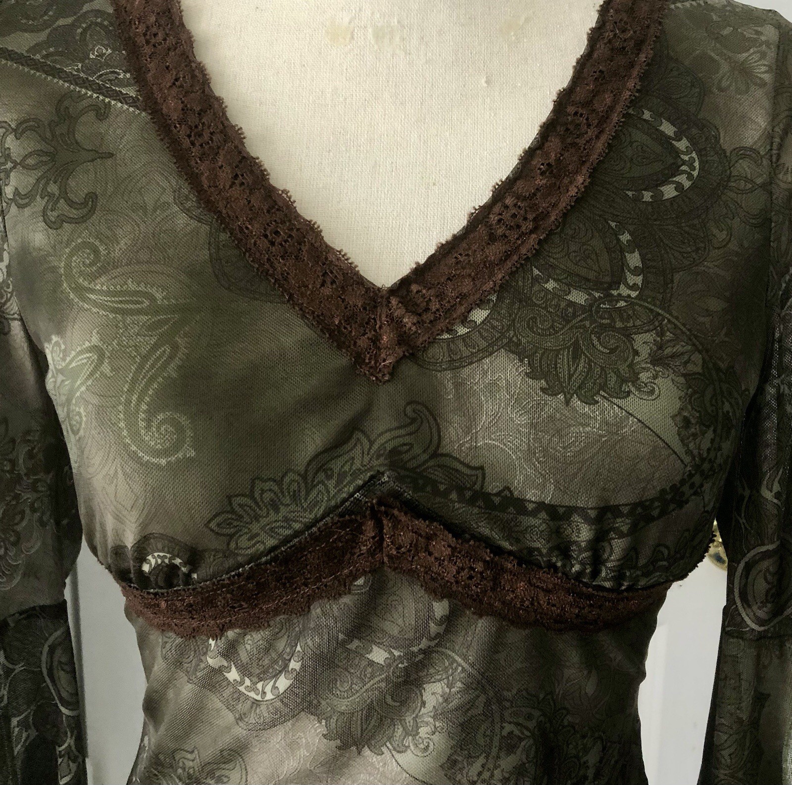 Green Y2K Aesthetic Top Fairycore Whimsigoth Grunge Boho Sheer Mesh Size Small