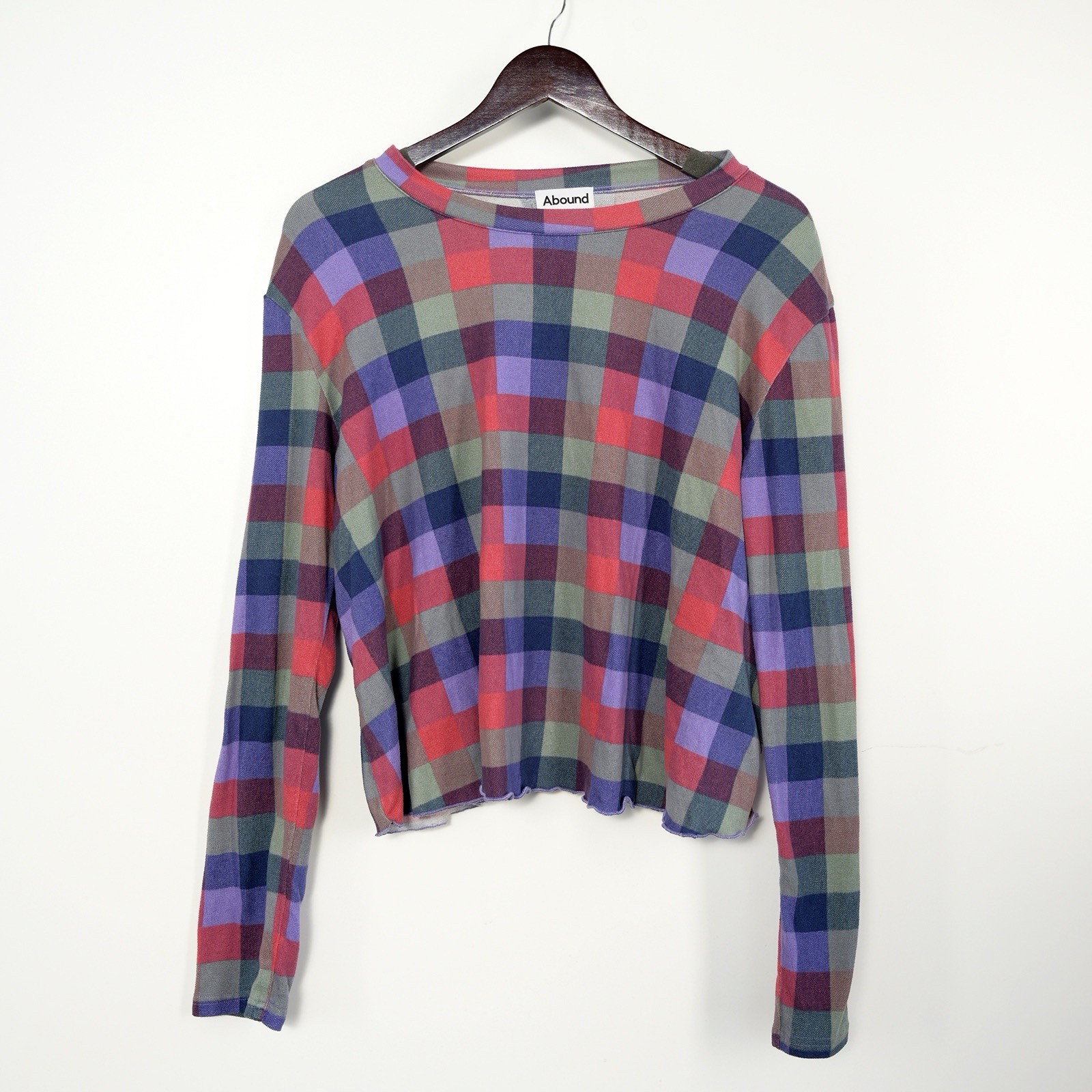Abound Women’s XL Green/Red/Blue Checkered Long Sleeve Knit Ruffled Hem Top
