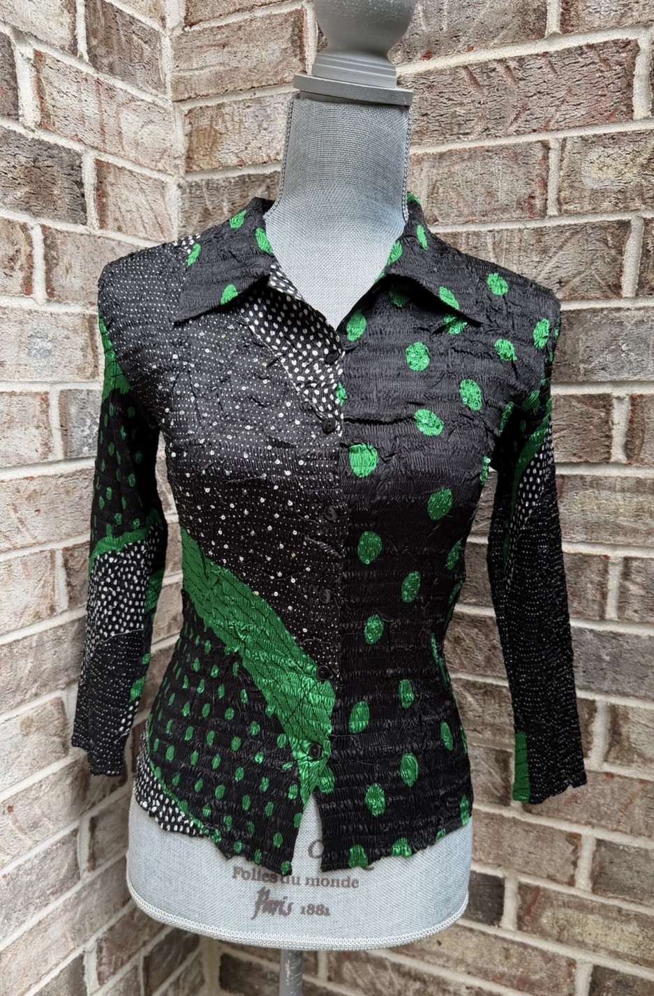 Vtg 90s Y2K Alberto Makali Abstract Crinkle Sequin Button Down Shirt SZ M