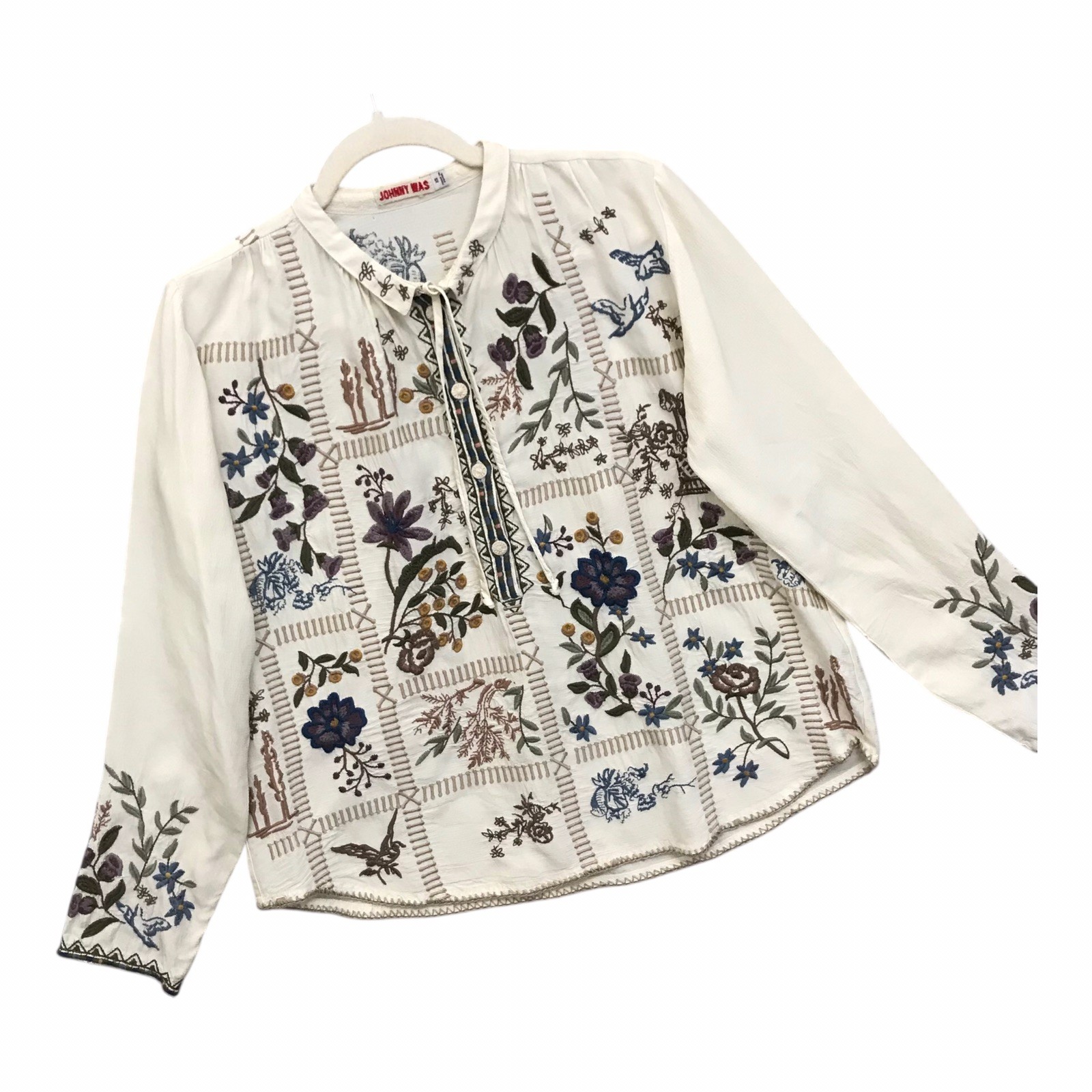 Johnny Was Mabel Tunic Top In Shell Embroidered Floral Boho Boxy Sz XS
