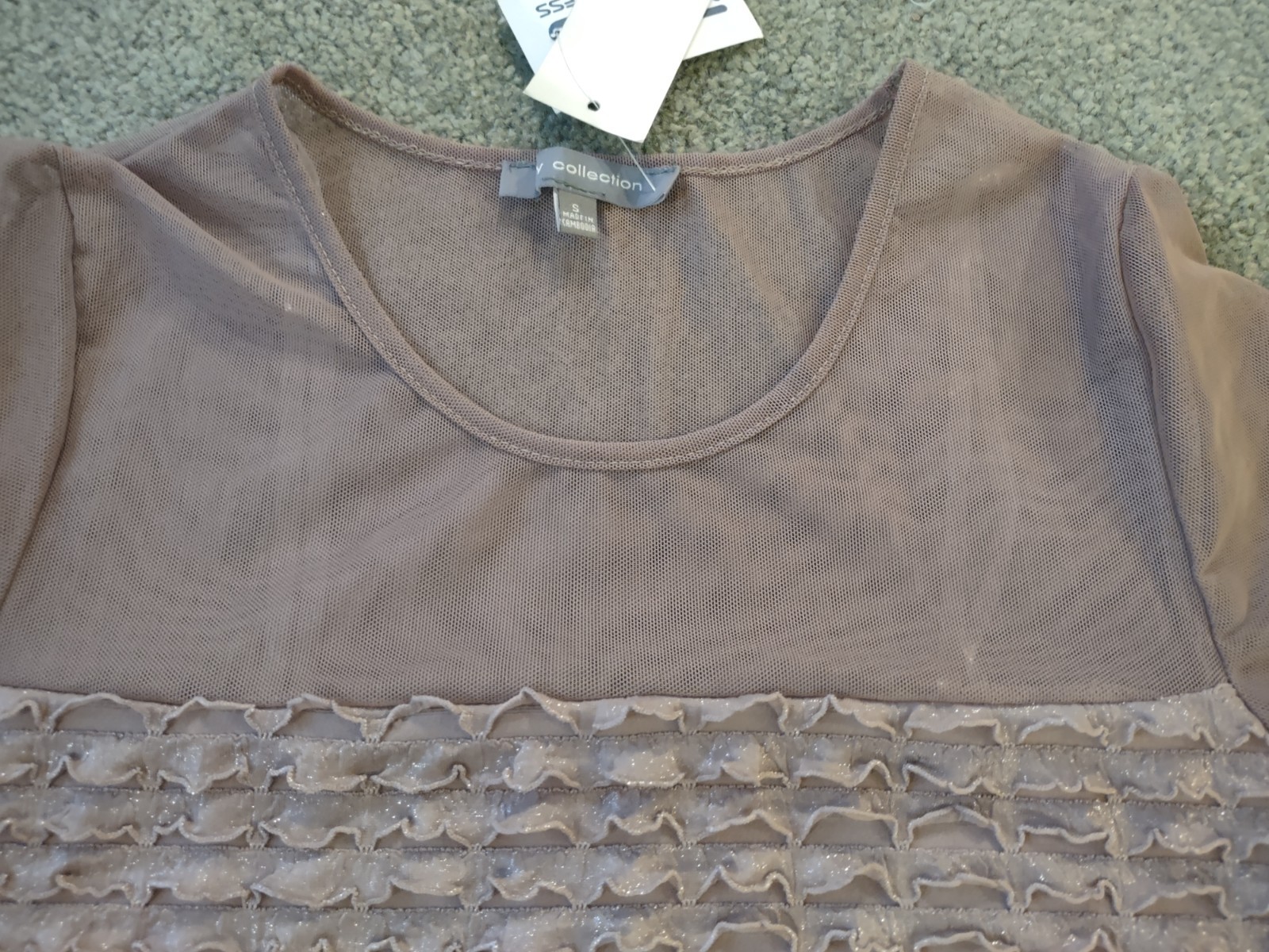 Misses Dressy Top, Sheer Mesh & Knit, Bronze Shimmer, Stretch, Long Slv., S, New