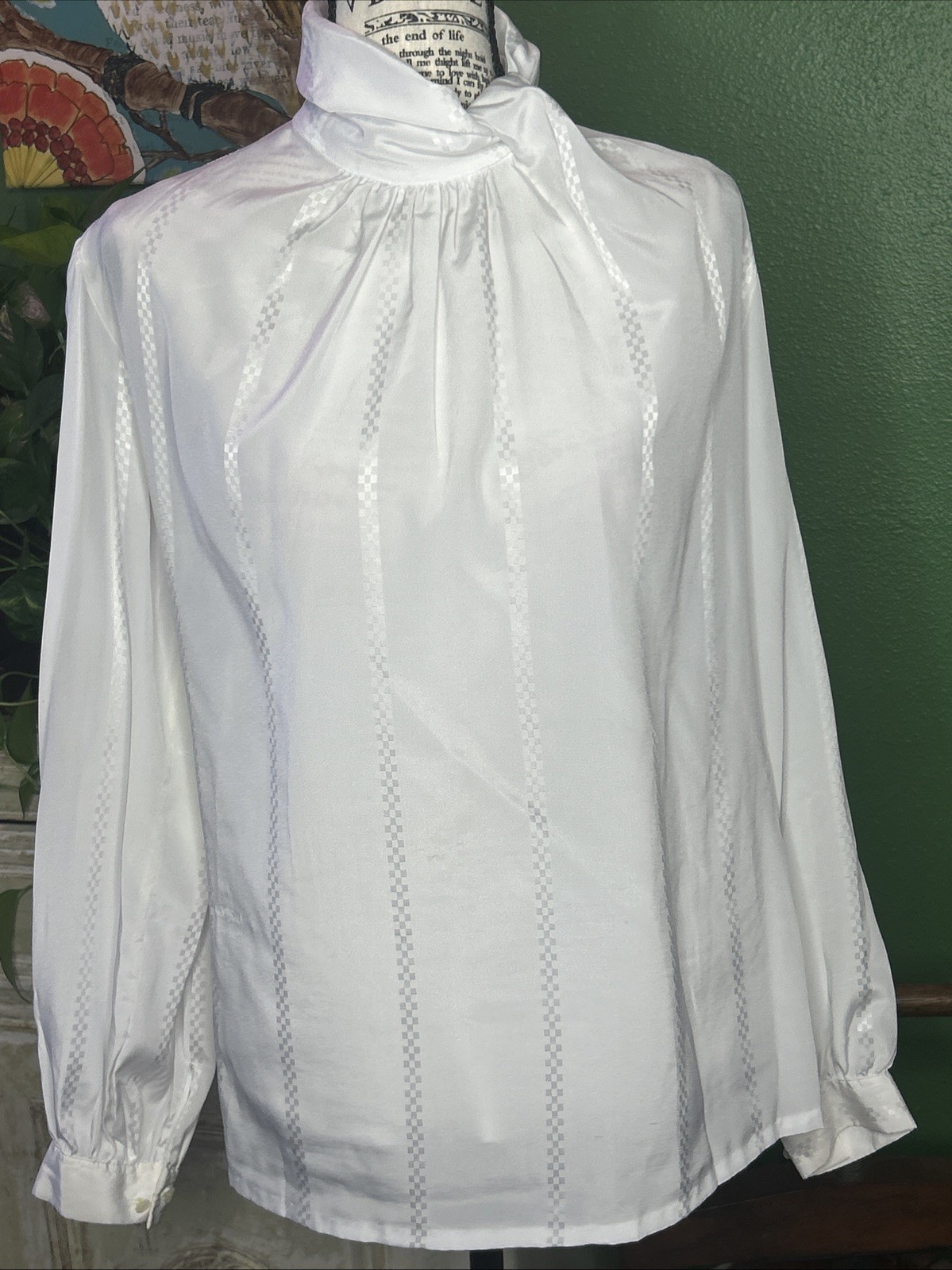 Vintage 80s White High Neckline Blouse Sz-14 Nerdy Office Career