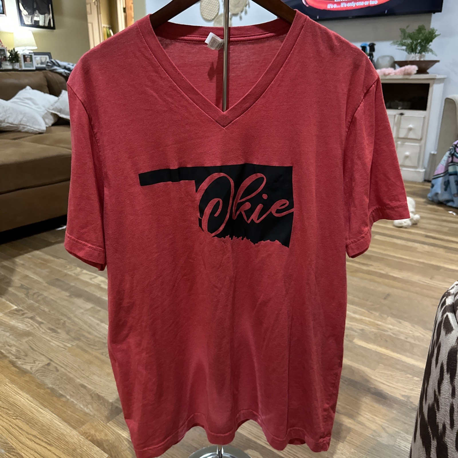 Okie Womens V Neck T Shirt Oklahoma Graphic T Shirt Size XL Heather Red