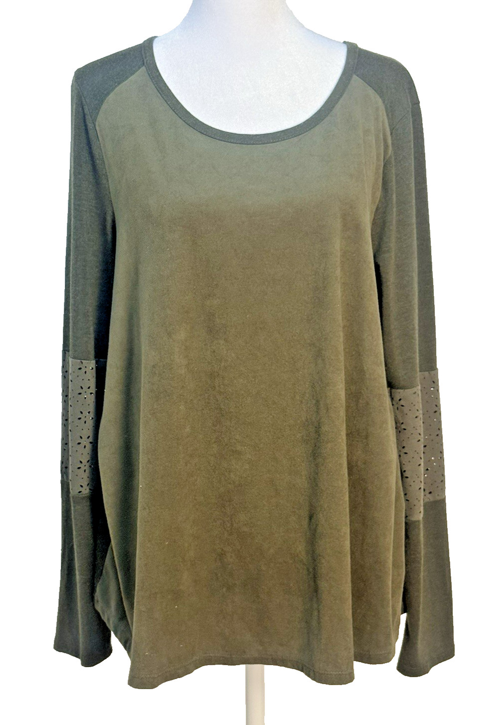 Downeast Top Womens L Olive Green Faux Suede Mixed Media Long Sleeve Scoop Neck