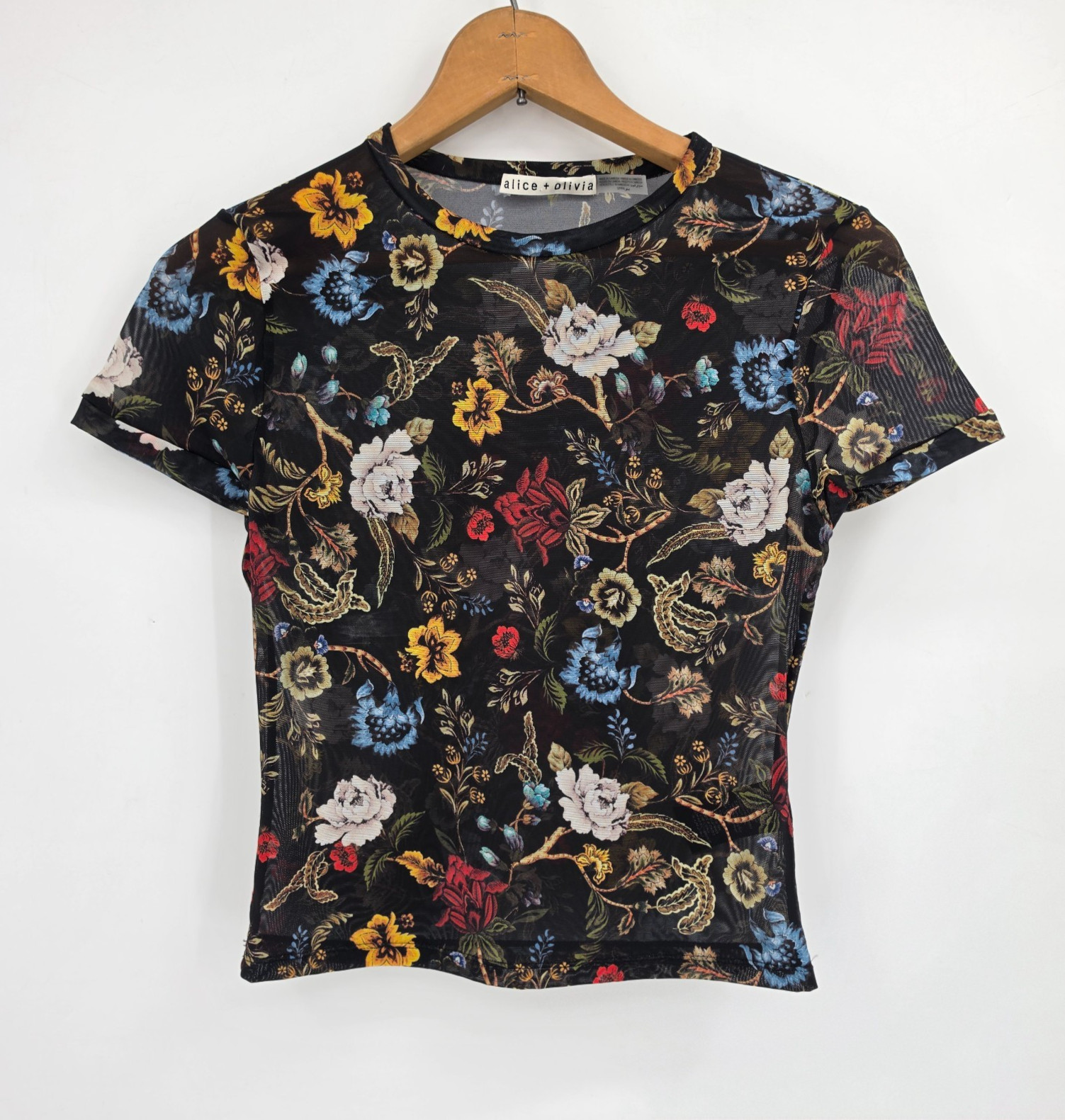 Alice and Olivia Tess Sheer Floral Shirt Women’s Size Small Crewneck Tee Black