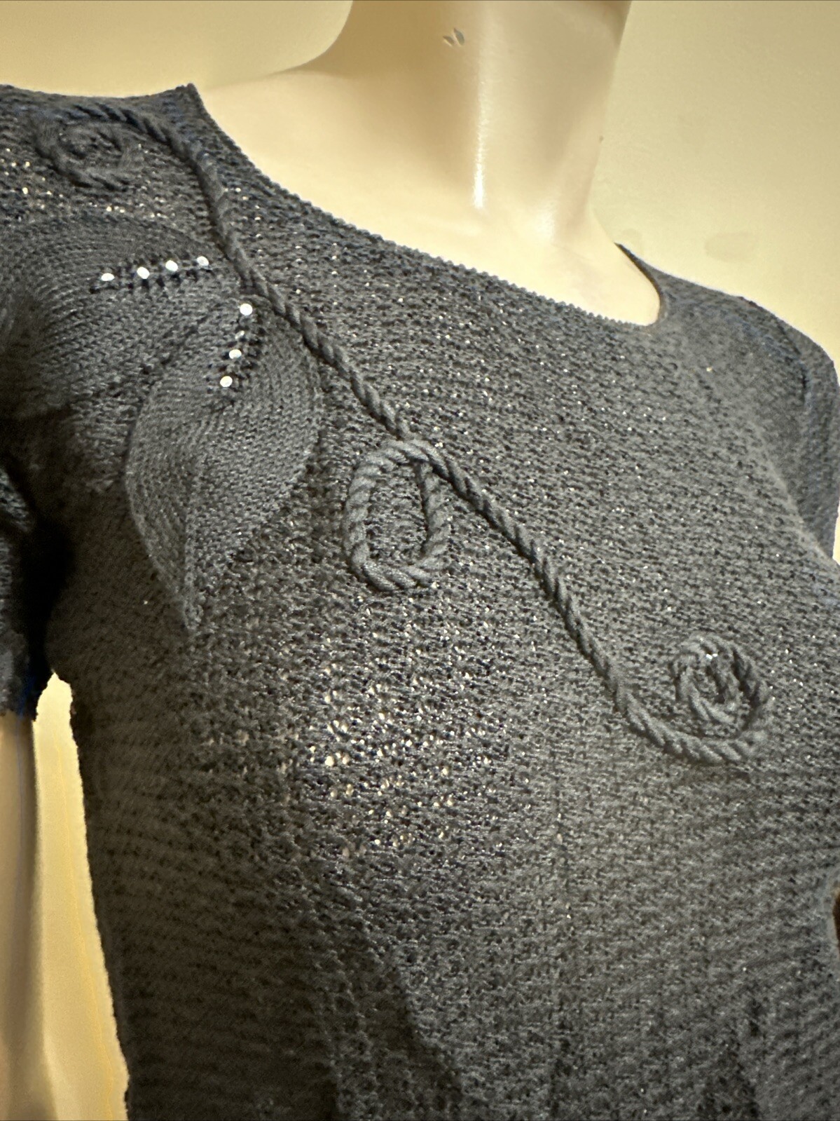 Women’s Black Cotton Crochet Casual Stretch Slim Sheer Lace Beaded One Size Top