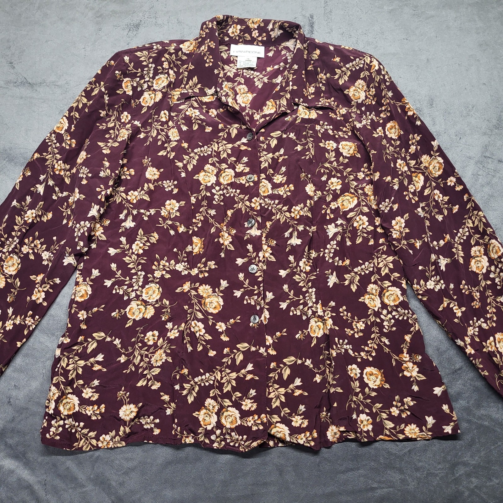 Vintage Evan-Picone 100% Silk Long Sleeve Blouse Floral 16 Shoulder Pads Button