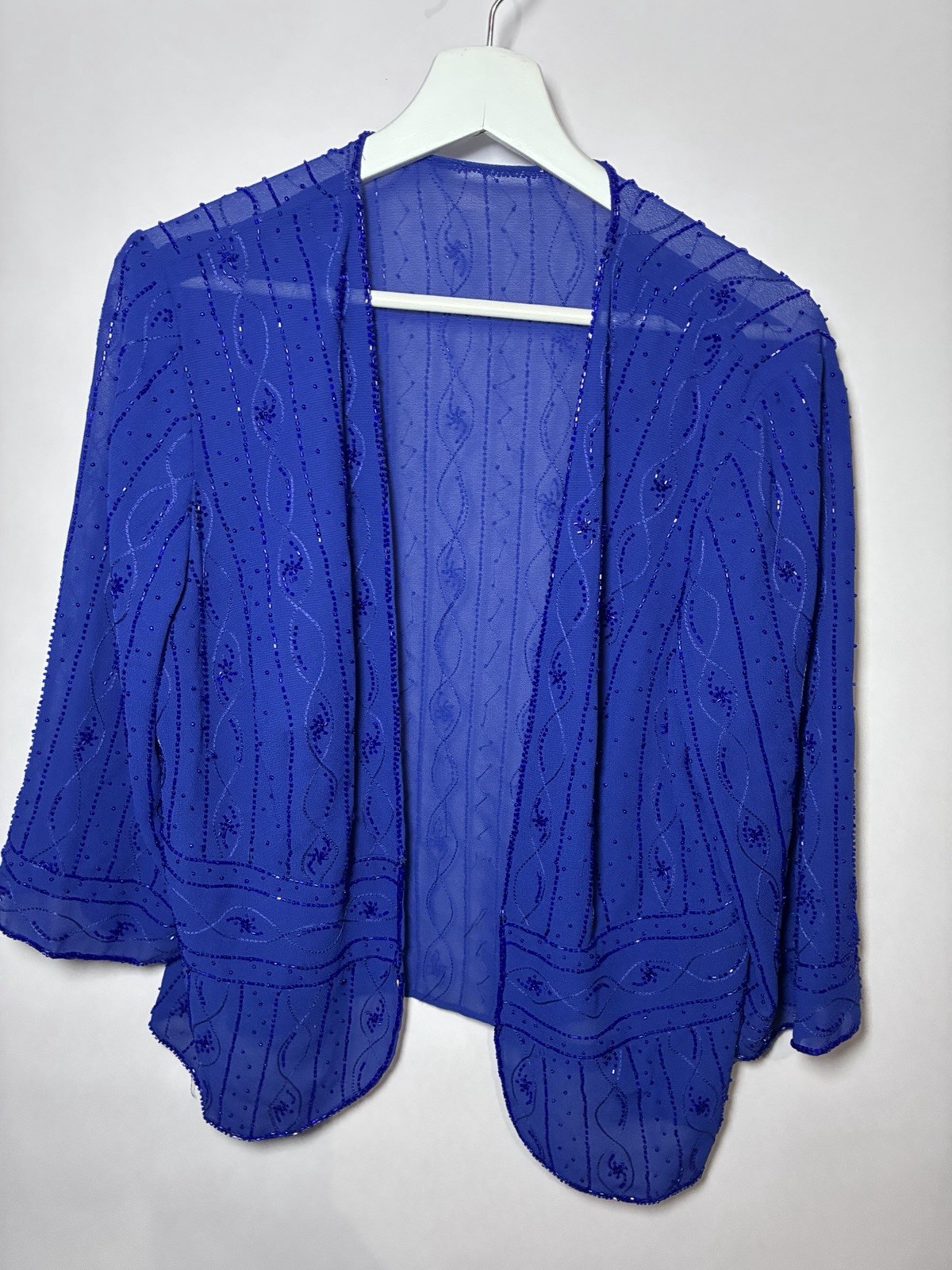 Blue Sheer Beaded Sequin Embroidered V-Neck Open Front 3/4 Sleeve Shrug