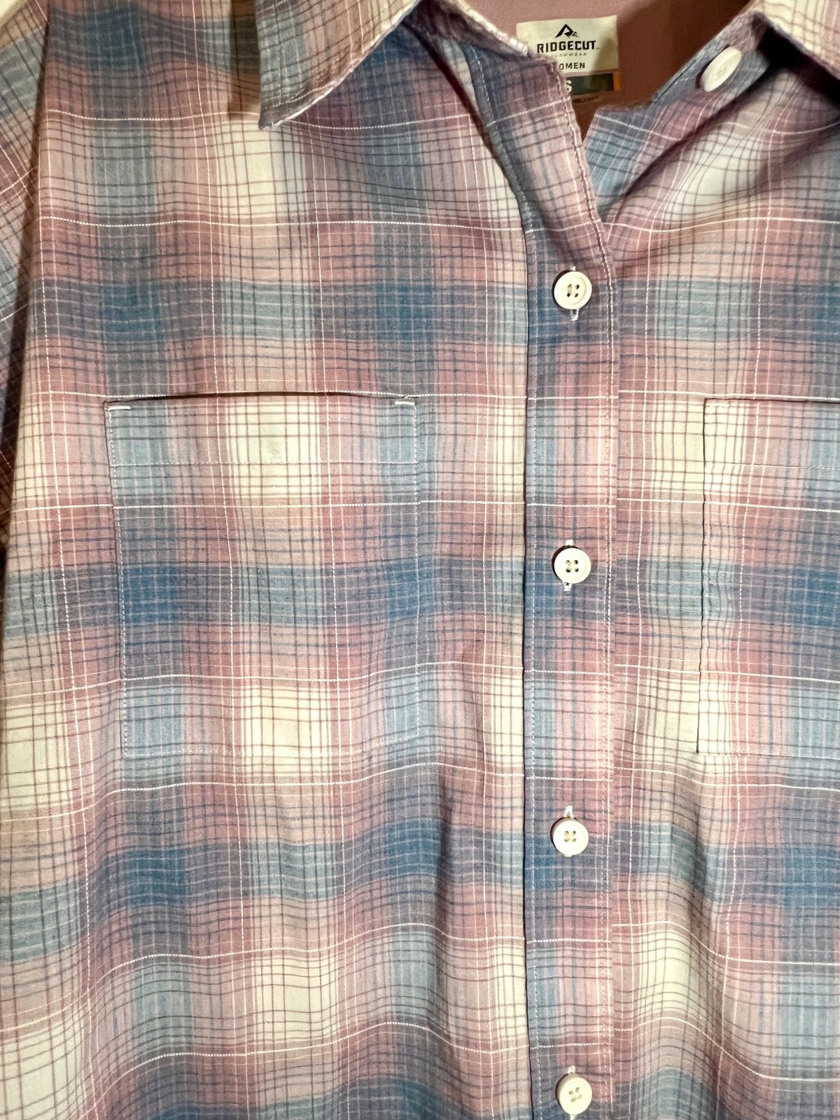 Ridgecut Toughwear Women’s Pink Blue Plaid Button Down Blouse Size S
