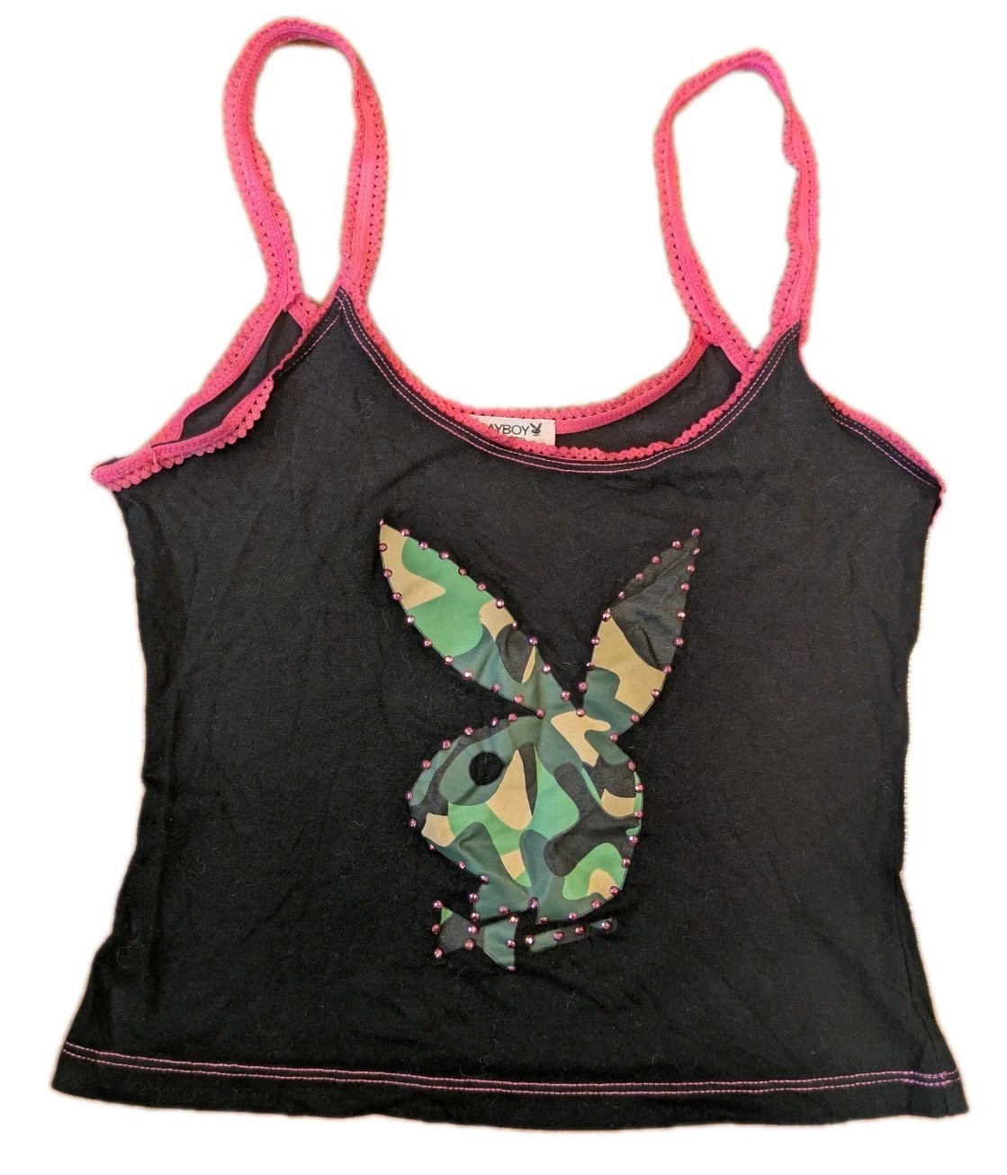 Y2K Playboy Bunny Tank Top Women L (Fit S) Black Camo Logo Rhinestone Baby T USA