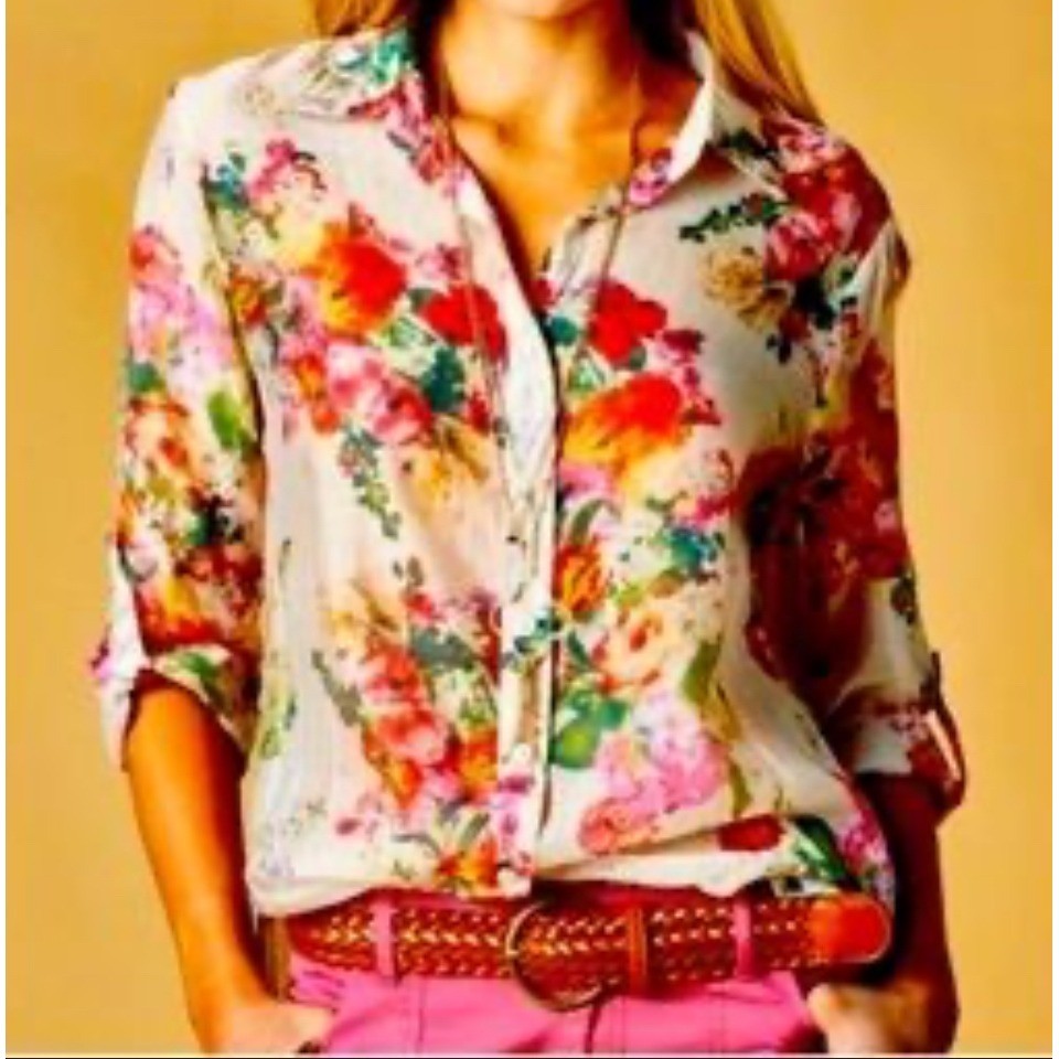 BD Collection Floral Print Lightweight Button Up Shirt Women’s Size L