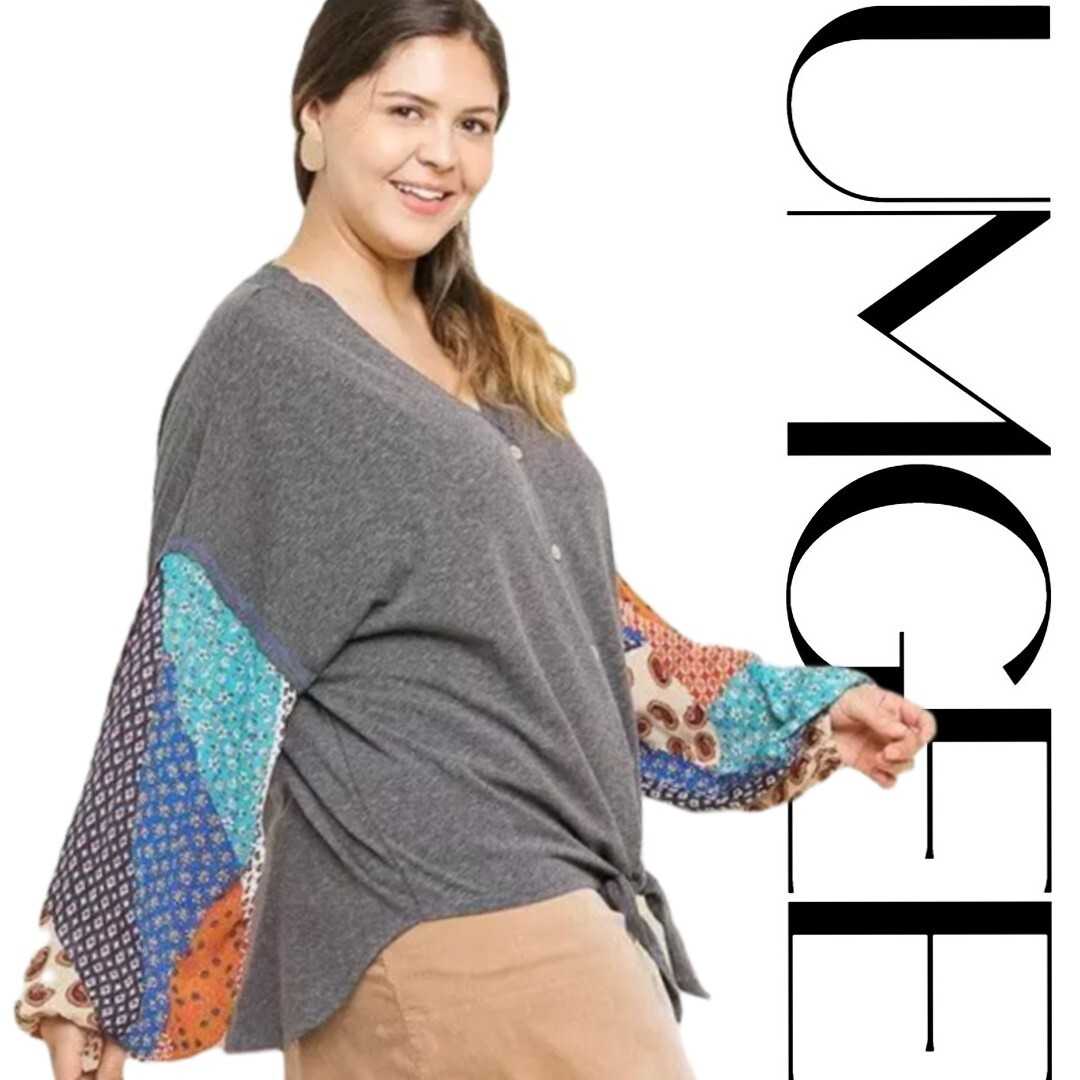 XL-PLUS 1XL 2XL UMGEE ASH or GREY Print Sleeves Button Knot tie Top/Blouse BHCS