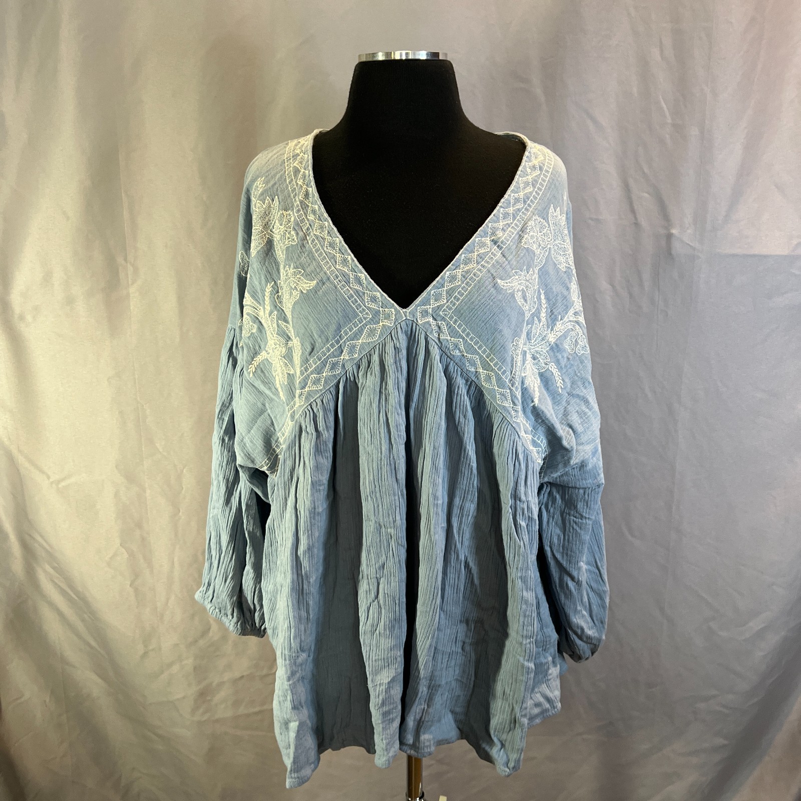 World Market Rumi Cornflower Peasant Top Womens L-XL Blue Floral Embroidered