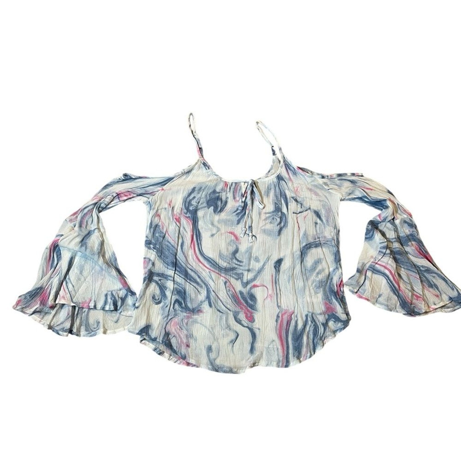 Hollister Marble Print Cold Shoulder Bell Sleeve Top Size Medium Blue Pink White