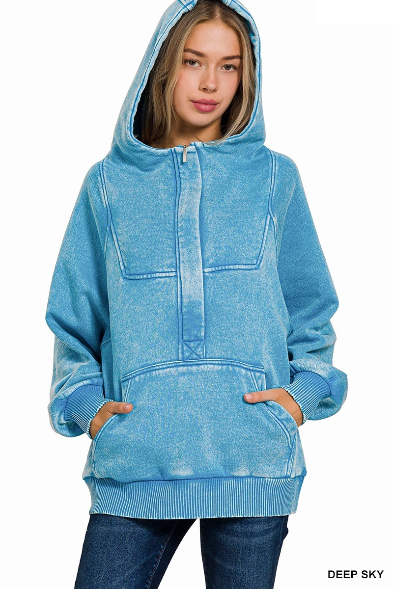 ZENANA DEEP SKY ACID WASH FLEECE OVERSIZED 1/4 ZIP KANGAROO POCKET HOODIE 4557