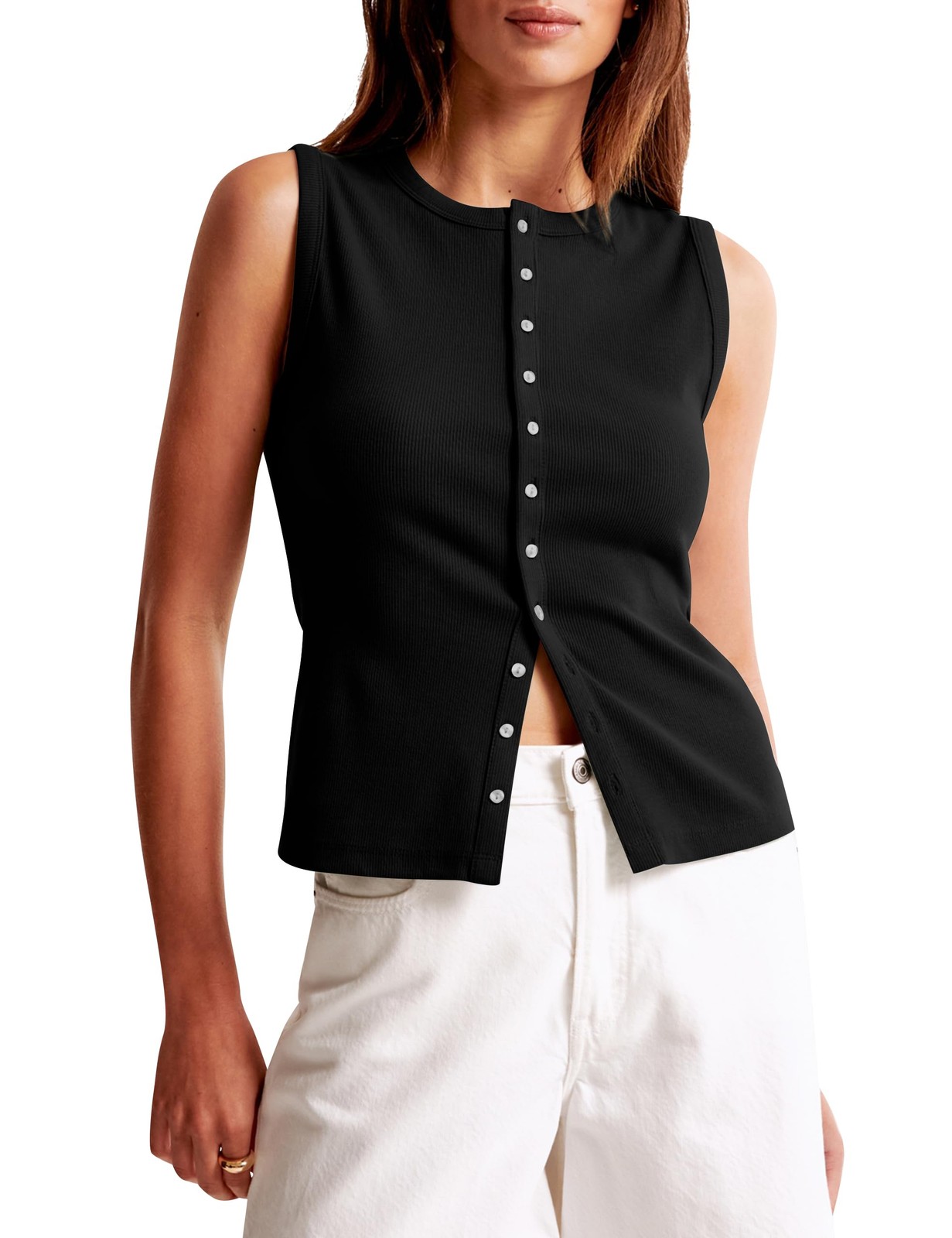 Cioatin Women Ribbed Button Down Tank Tops Sleeveless Crew Neck Slim Fit Open