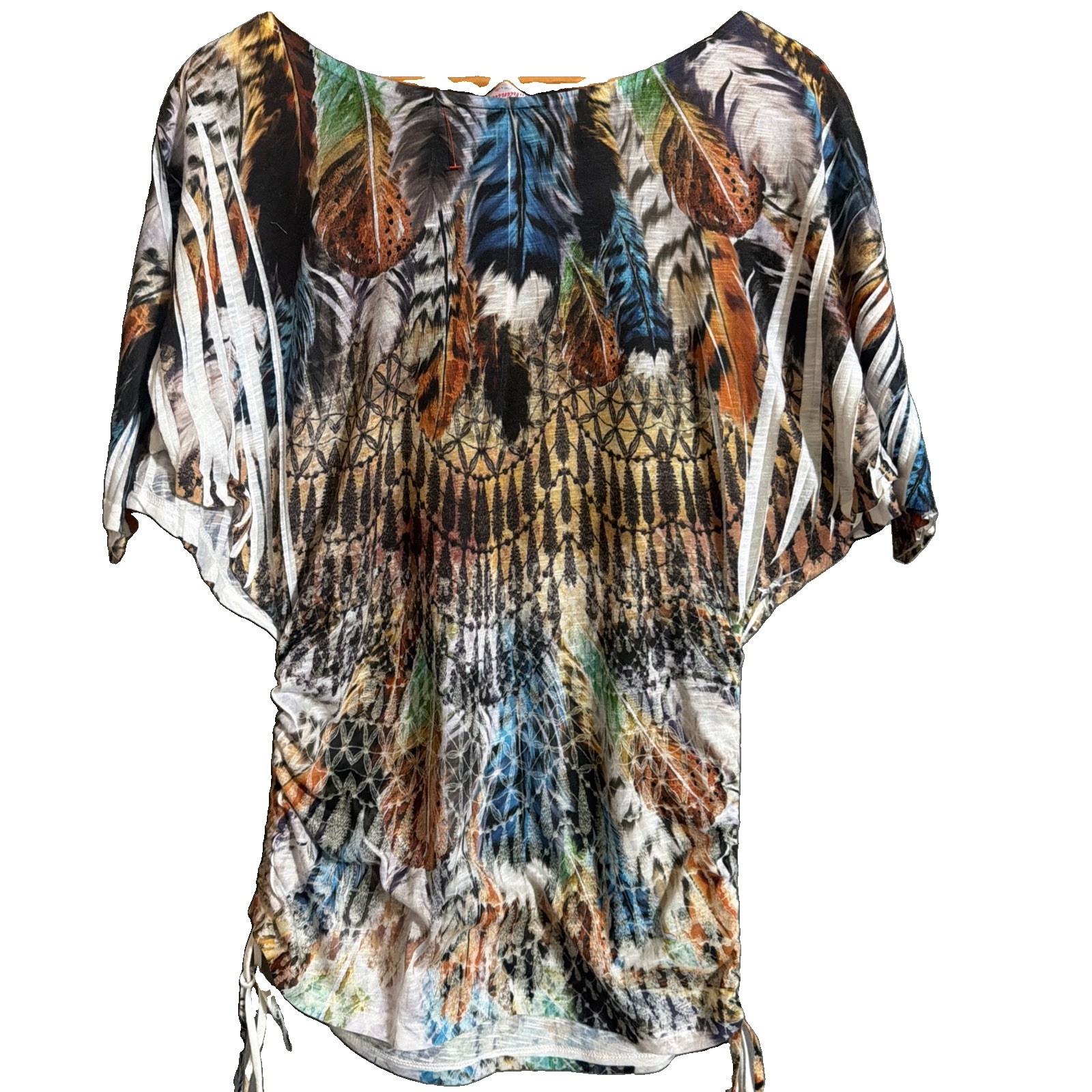 VTG Panhandle Slim Wm’s SZ L Western rhinestone FeatheredPrint Ruched Shirt USA