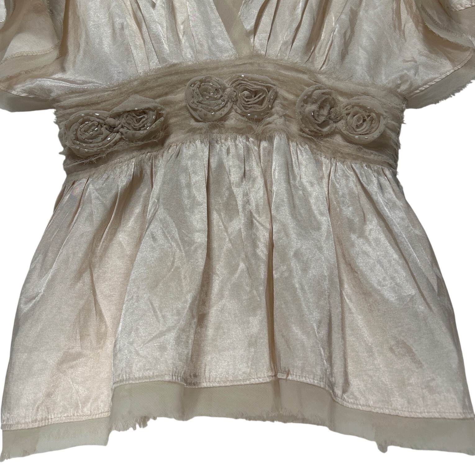 Kariss Champagne Satin V-Neck Rosette Empire Waist Peplum Blouse Size Medium