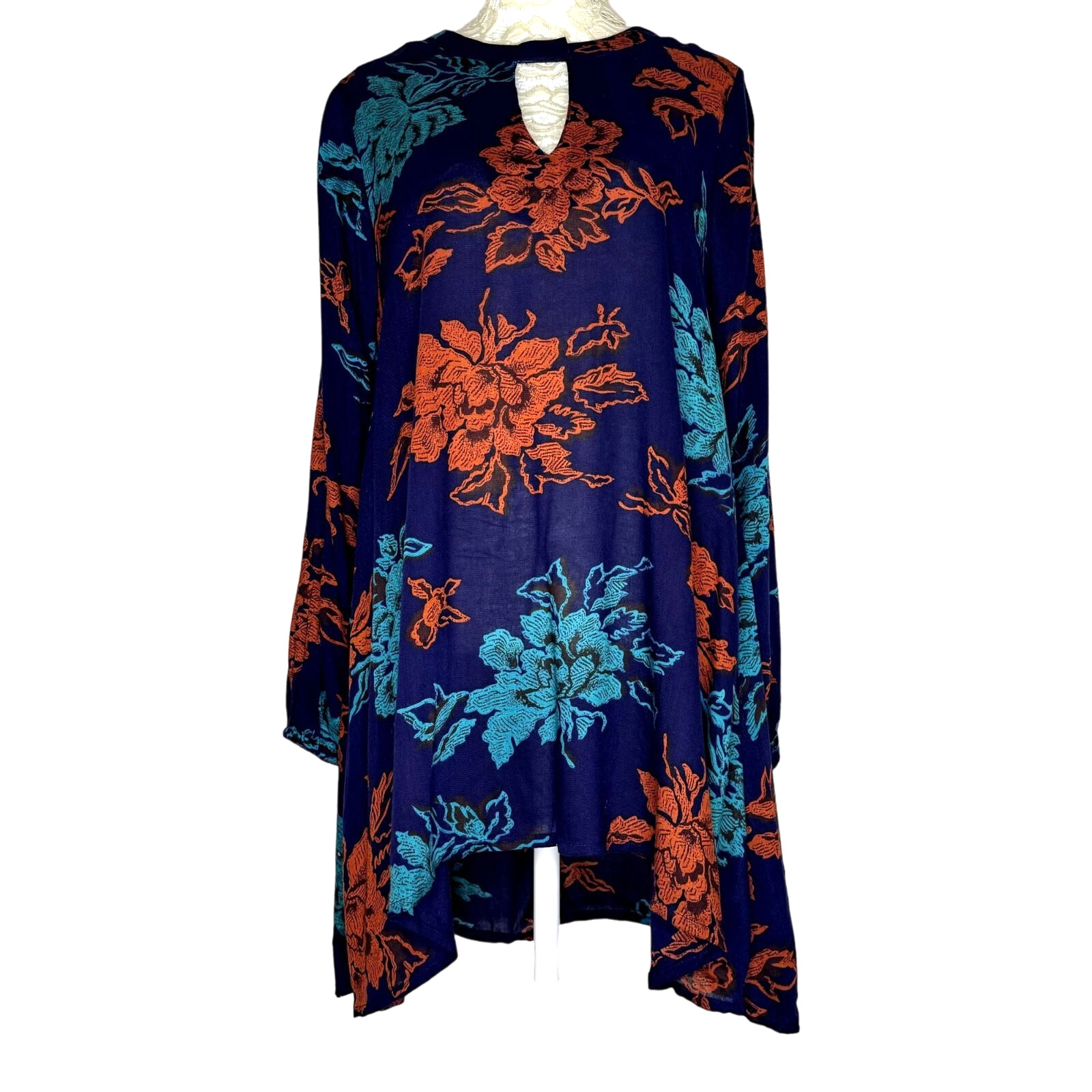 World Market Addy Tunic High Low Top Blouse Floral Navy Blue S M NWT